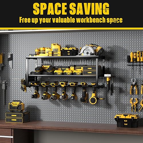 Vista 12 de Organizador de herramientas eléctricas de 4 capas para montaje en pared, soporte para herramientas de batería con estante de estación de carga