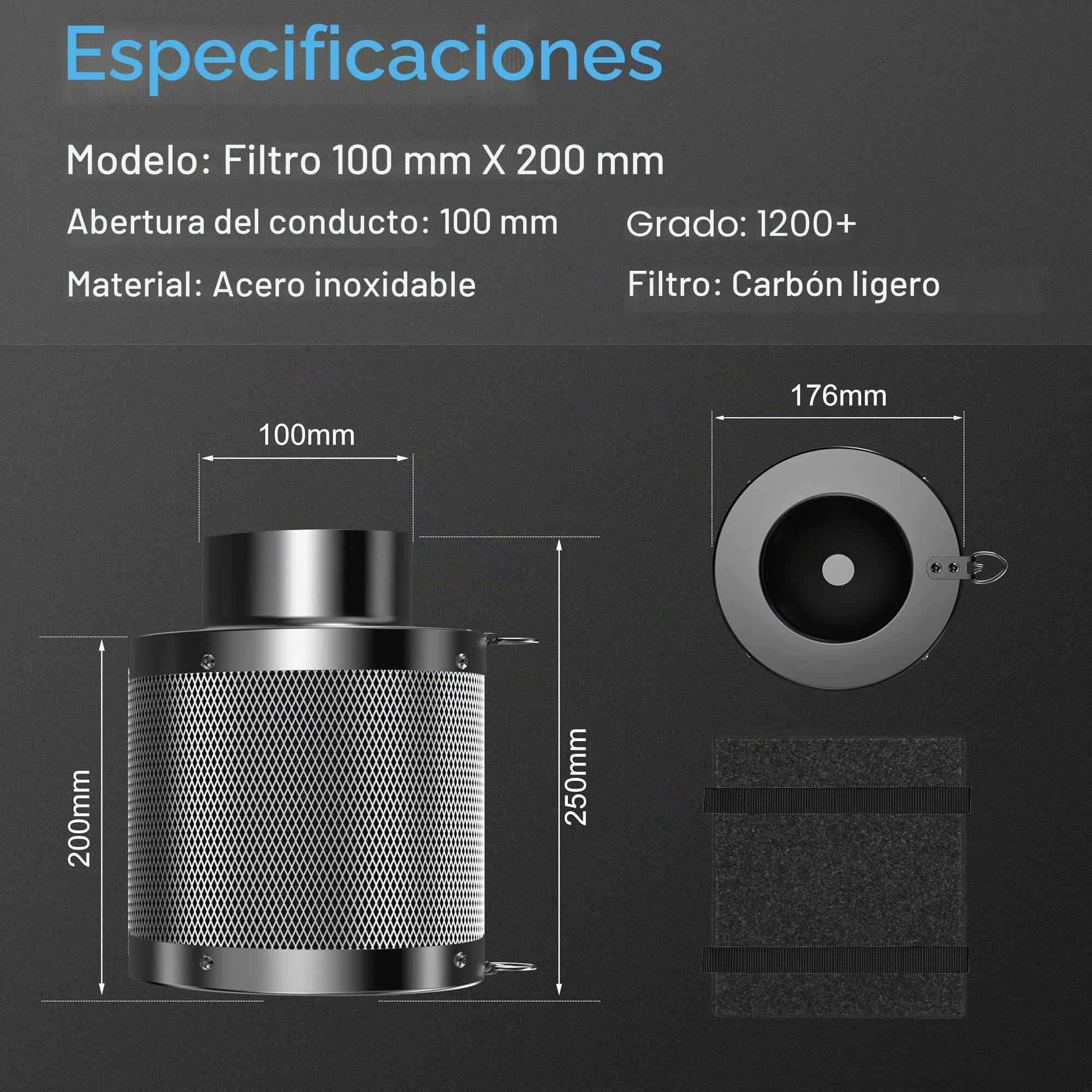 Hon&Guan Filtro de carbón activo de 100 mm con carbón ligero de 200 mm de largo y 38 mm de espesor de madera, lecho de carbón para control de olores, eliminador de olores para lavadora de aire para