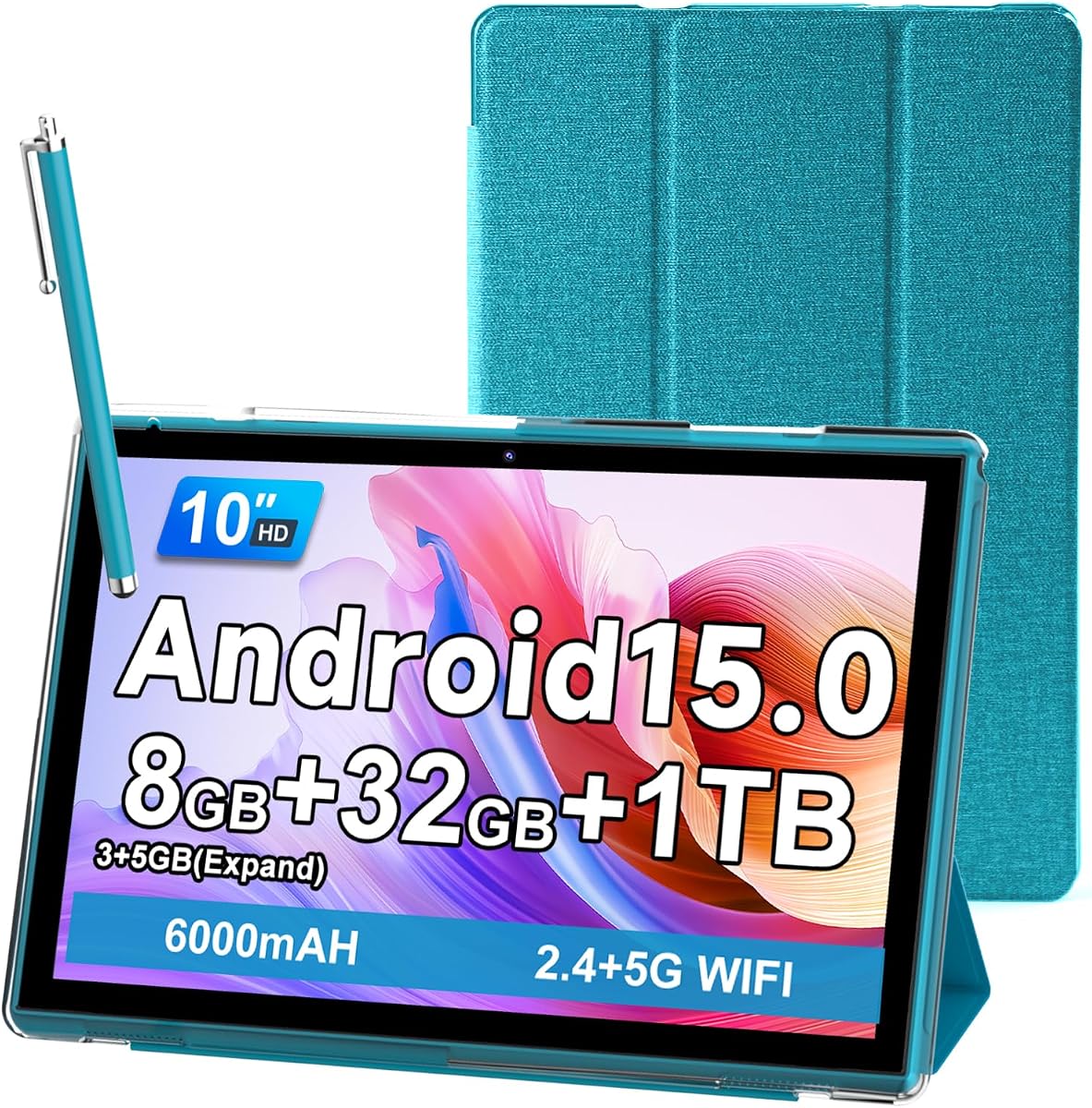 10 Inch Tablet With Case Stylus, Android 15 Tablets 8GB RAM 32GB ROM Support 1TB Expand, 10.1 IN Tableta Includes Tablet Protective Cover Dual Camera 5G WiFi-6, 6000mAh Battery 10" Android Tablet.