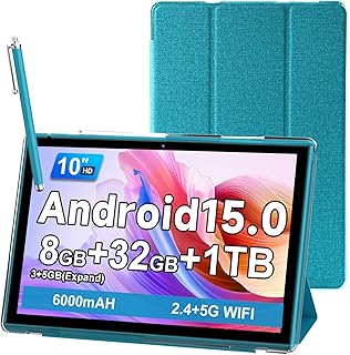 10 Inch Tablet With Case Stylus, Android 15 Tablets 8GB RAM 32GB ROM Support 1TB Expand, 10.1 IN Tableta Includes Tablet Protective Cover Dual Camera 5G WiFi-6, 6000mAh Battery 10" Android Tablet.