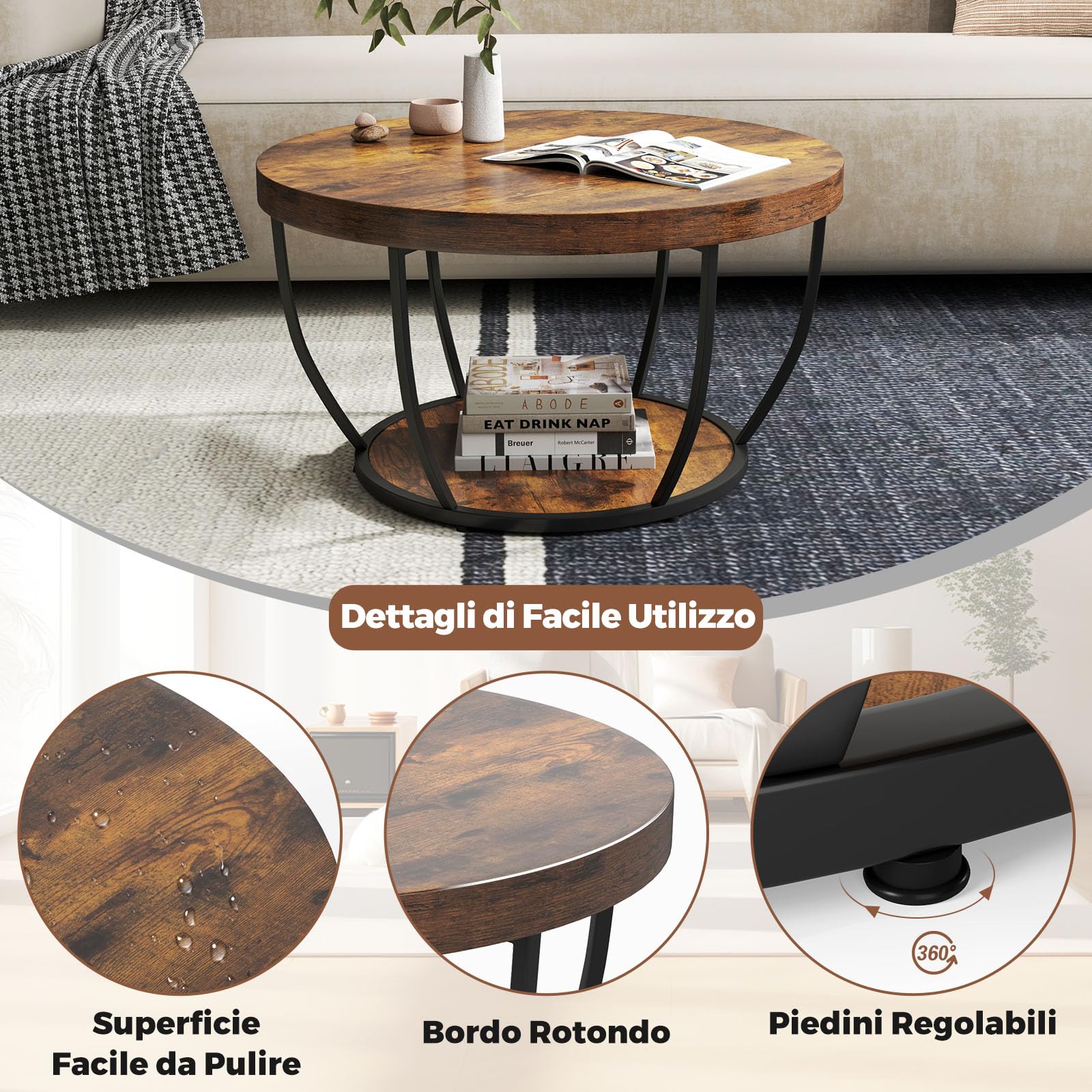 COSTWAY Tavolino da Caffè Rotondo a 2 Ripiani, Tavolo da Salotto in Legno con Struttura in Metallo, Tavolino Soggiorno Industriale con Piedini Regolabili, 80 x 80 x 45 cm (Marrone scuro)