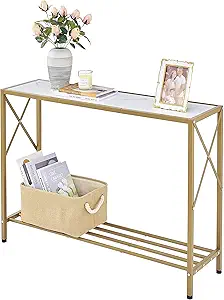 Tajsoon Entryway Table, 2-Tier Entry Way Console Entrance Table, 41.7”L Narrow Sofa Table with Shelves, Ideal for Hallway, Entryway, Living Room, Foyer, Corridor, and Office (Gold & White)