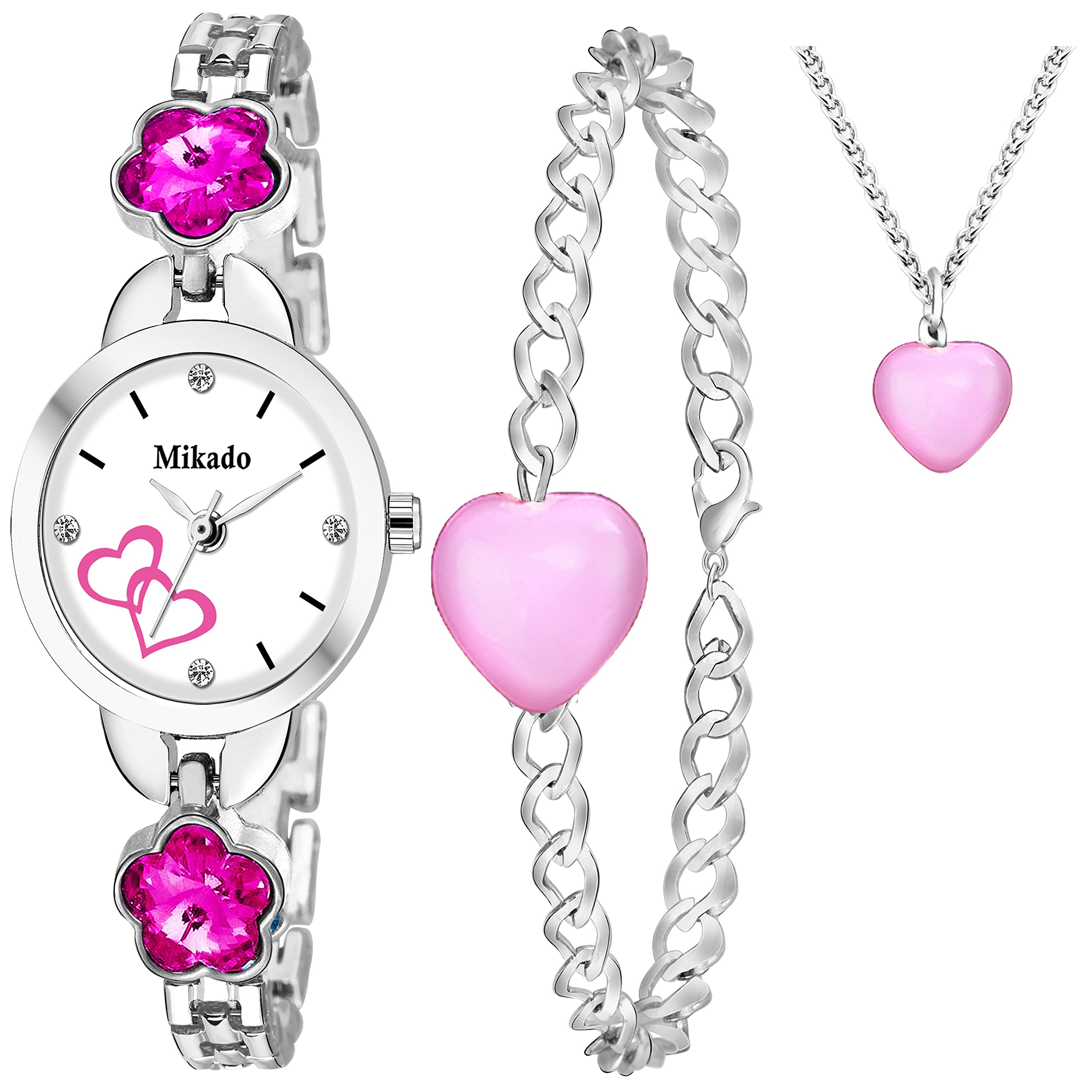 MikadoGorgeous Pink Analog Watch with Pink Heart Pendant and Earrings for Women.