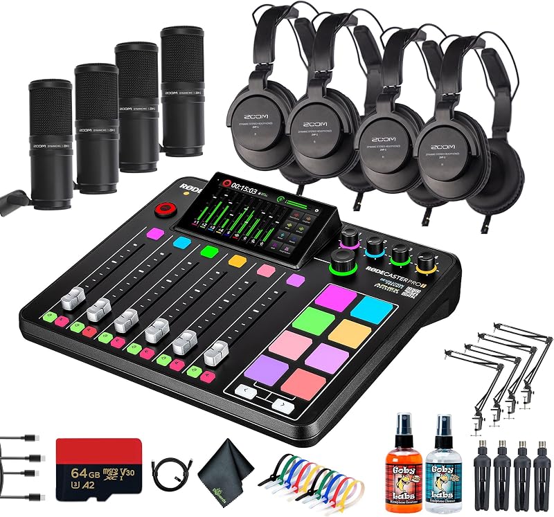 RODECaster Pro II + 4x Headphones + 4x Podcast Microphone + 64GB Micro SD Memory Card + Mic Arm Stand + 2x USB-C + More (Bundle)