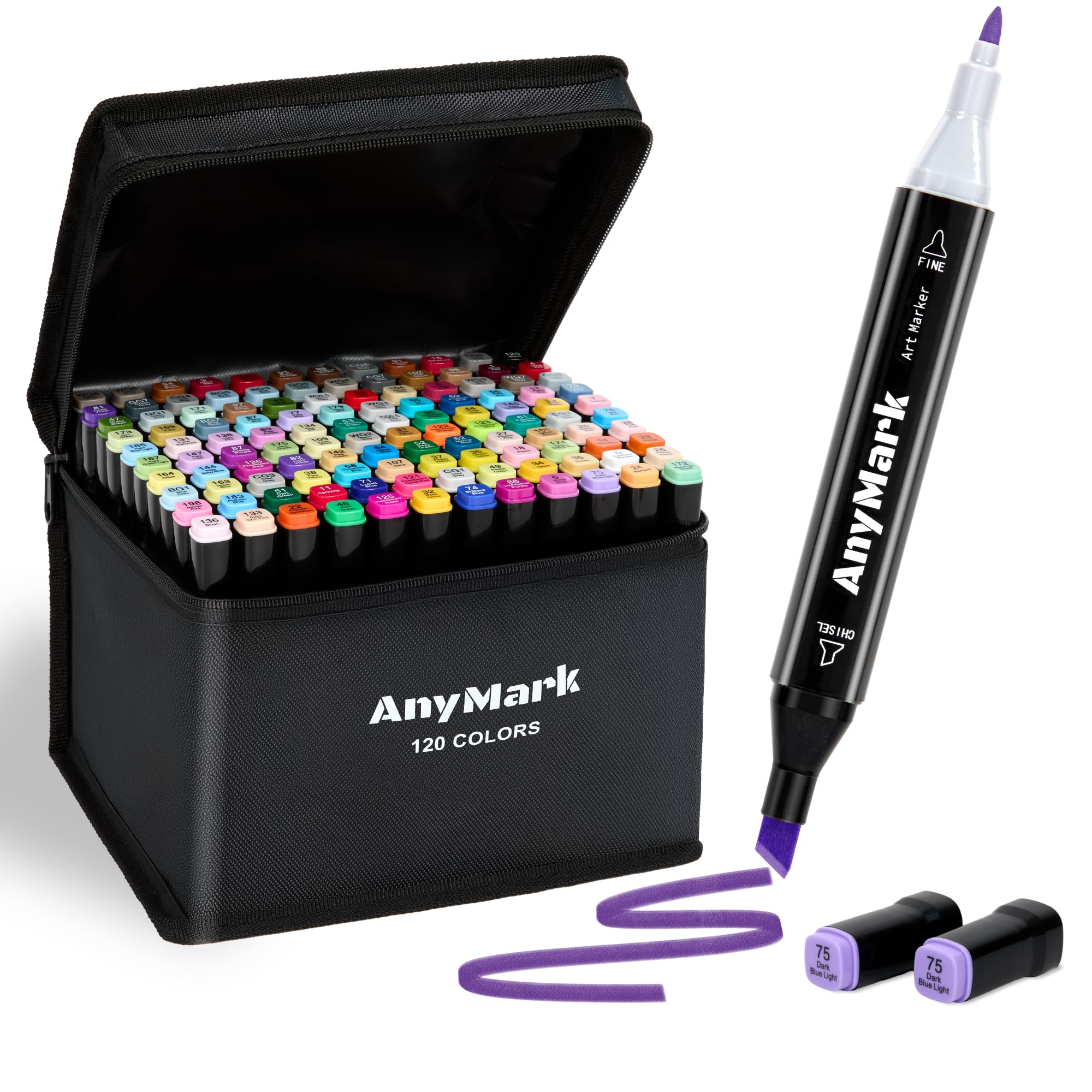 AnyMark Set di 120 Pennarelli ad Alcool, Doppia Punta Scalpello e Fine | Pennarelli Artistici a Base di Alcool per Disegno e Colorazione, Fusto Nero