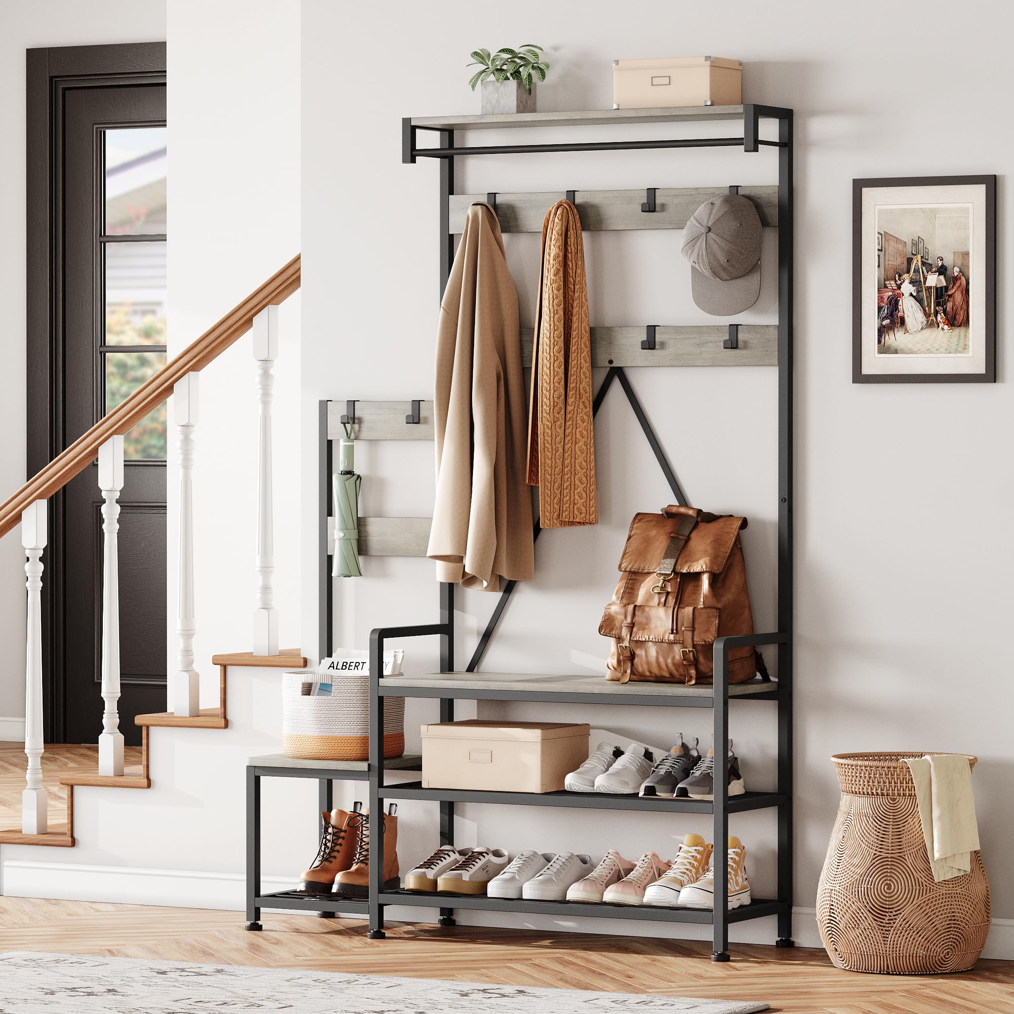 AffinityFurn Coat Rack with Bench and Shoe Shelves, Industrial Hallway Coat Rack, Freestanding Hall Tree with 8 Hooks & Metal Frame for Entryway, Living Room, Cloakroom Bedroom,113 x 30 x 180 cm