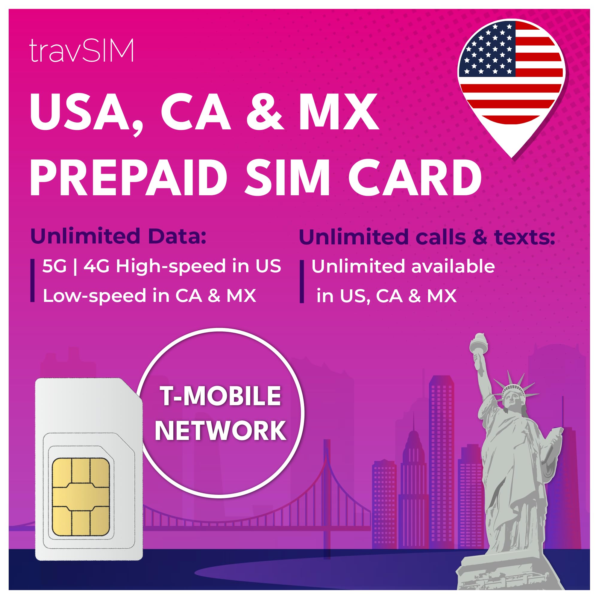 travSIM SIM Karte für USA Kanada Mexiko | T-Mobile-Netzwerk | 50 GB Daten für die USA, 5 GB für Kanada und Mexiko | Unbegrenzte Inlandsgespräche und SMS | Gültig für 10 Tage
