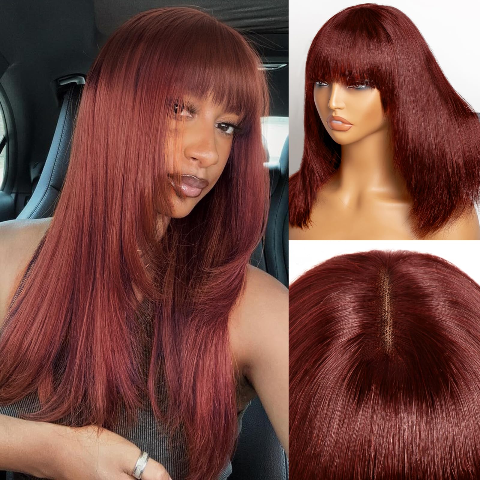 Starmo Bang Wigs Human Hair Glueless Straight Layered Bob Hairstyle 4x2 Transparent Lace Auburn Brown for Women 14 Inch