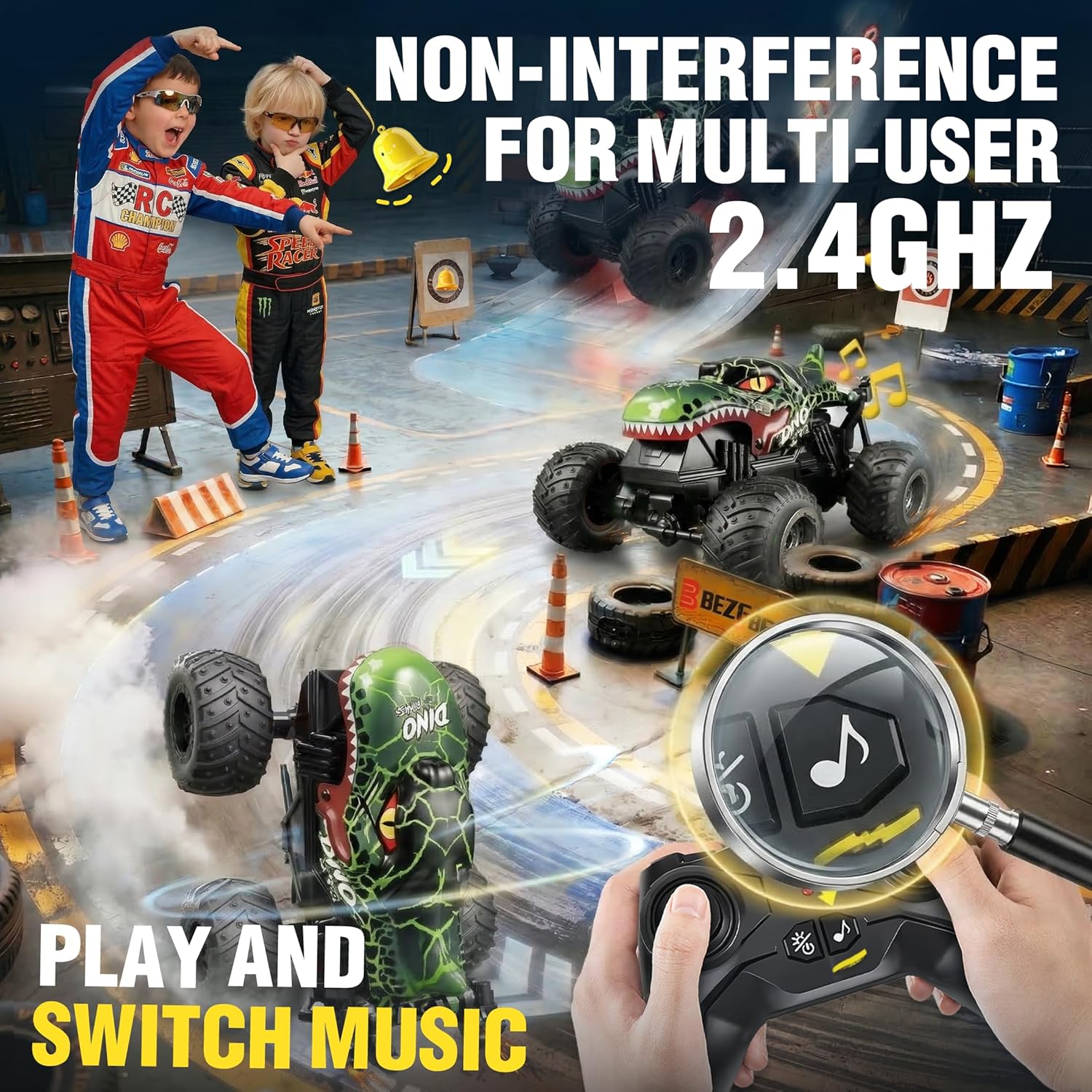 BEZGAR 1:20 Monster Truck Toys, 360°Stunt RC Cars Rotation Dinosaur Toys with Music, 2 Batteries and Wireless LED Strobe Lights, Remote Control Car for Boys 4 5 6 7 8 9 Years Old(Green)