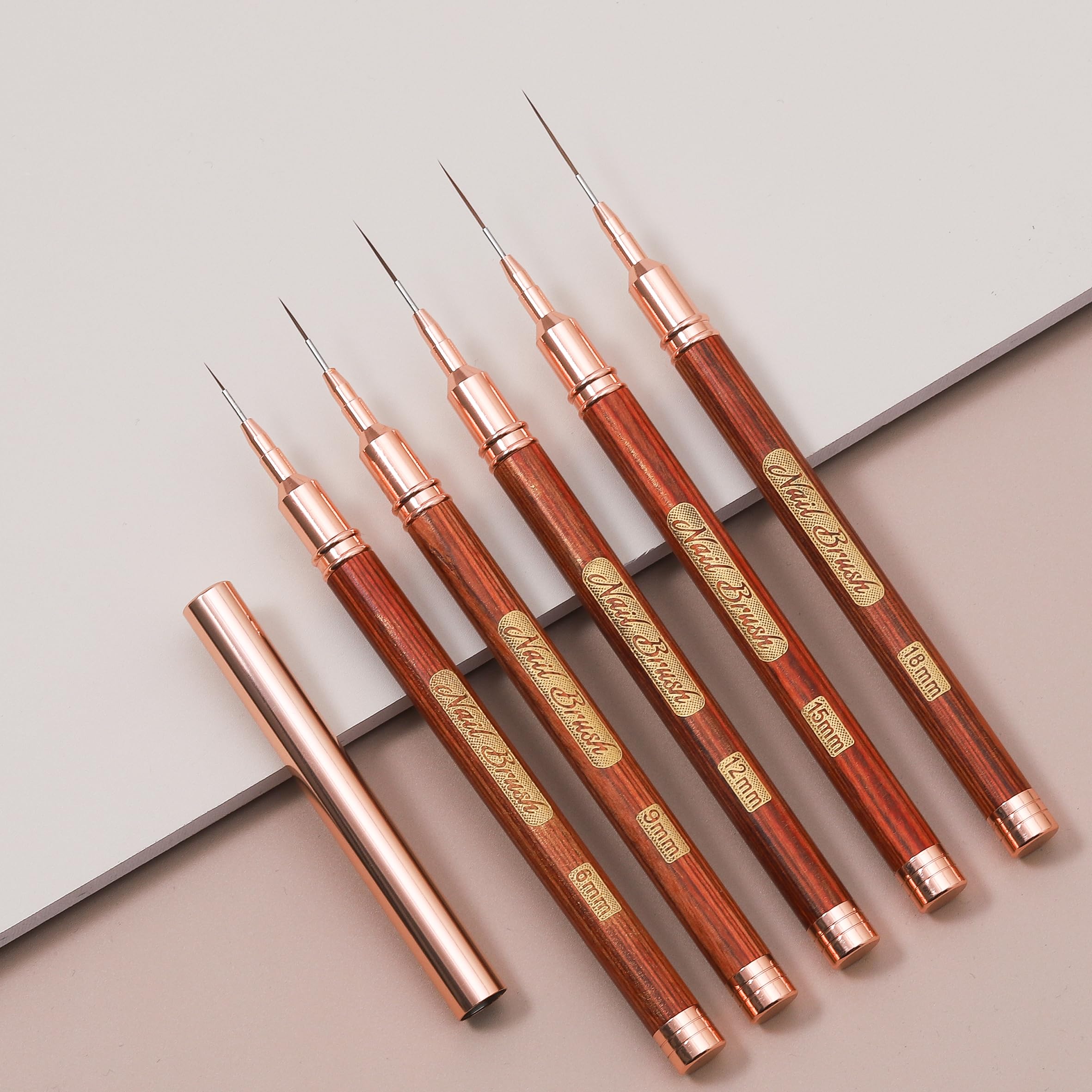 Nail art brushes, 5Pcs Nail Art Liner Brushes, Painting Art Design Brush Set Nail Dotting Drawing Tool for Long Lines, Thin Details, Fine Drawing Sizes 6/9/12/15/18mm, Rose gold