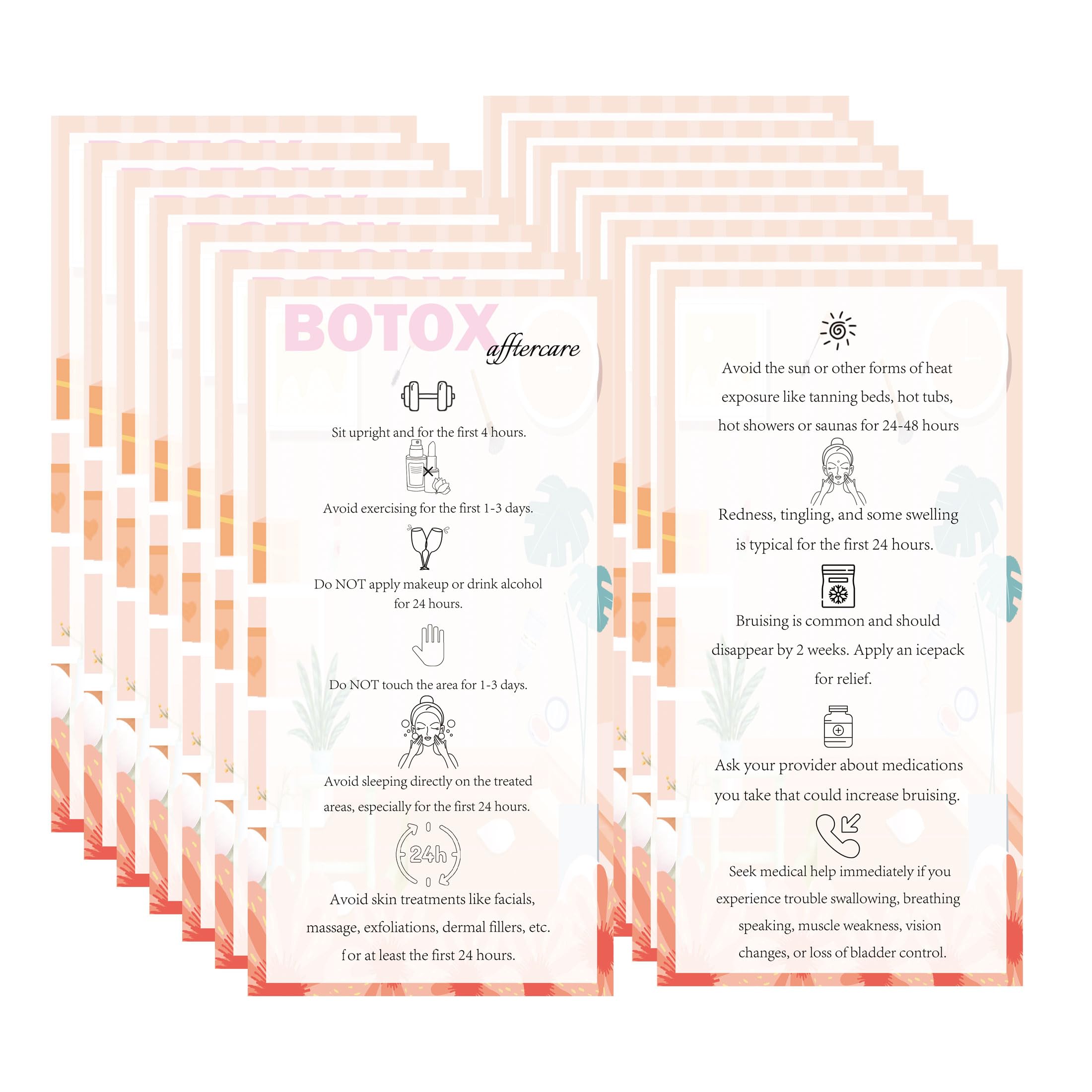 100 PCS Botox Aftercare Card Facial Aftercare Instruction Cards, 2x3.5 Inch Skincare Reminder Cards for Estheticians Spa