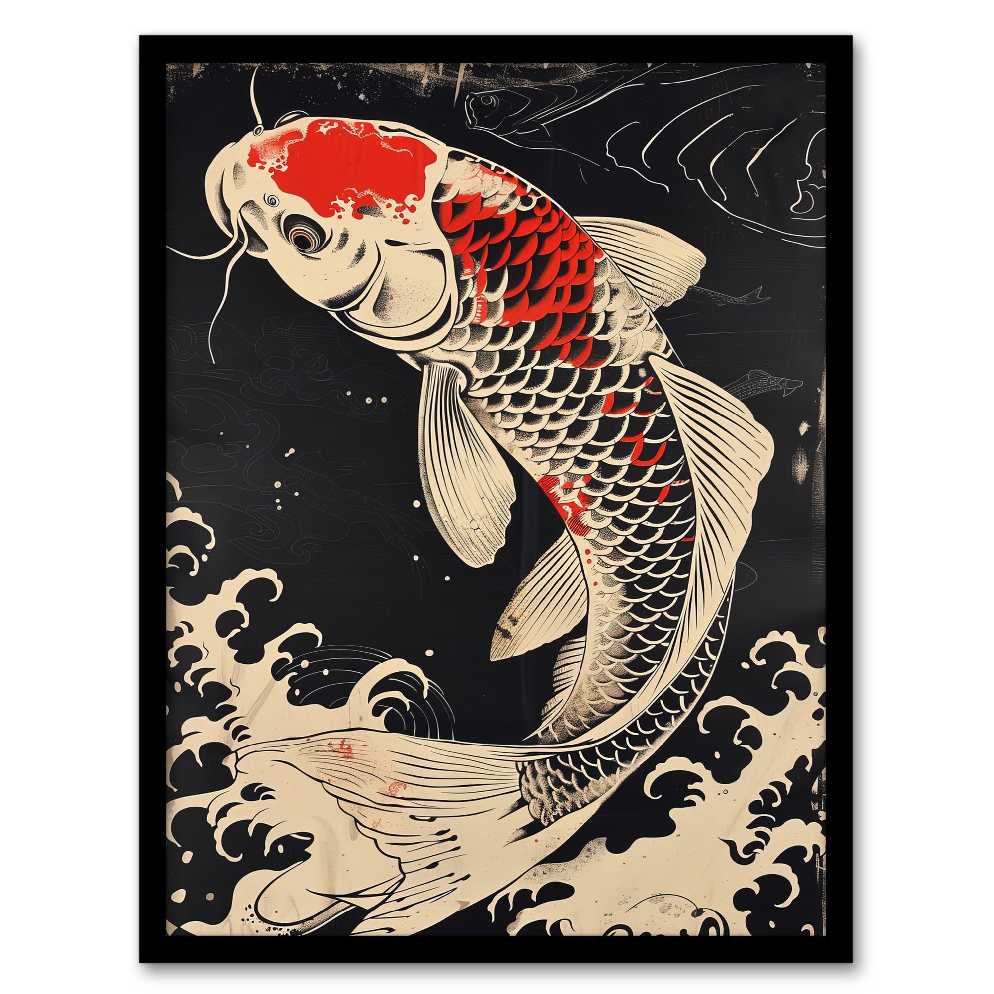 Artery8 Traditional Black Red Japanese Koi Carp Artwork Living Room Artwork Framed Wall Art Print A4