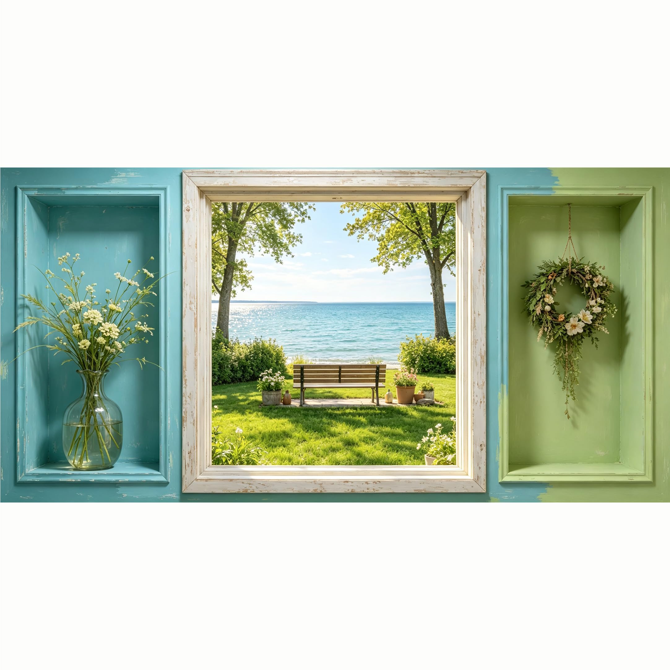 QZLITHOTIC 50x100cm 3D Framed Wall Art， Scenic Lake Shoreline Park Bench Botanical Wreath Self‑Adhesive Mural， Water‑Activated Peel & Stick Fabric Decor Wall Decal for Bedroom Living Room
