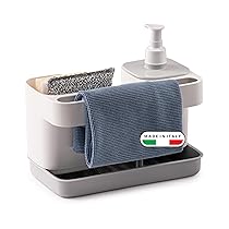 Snips Riordinello – Dispenser Sapone Cucina e Bagno 3in1, Set Porta Spugne Lavello Cucina, Porta Sapone Dosatore 400ml e Strofinacci, Organizer Lavello Salvaspazio 21x12x18 Made in Italy Bianco, Grigio