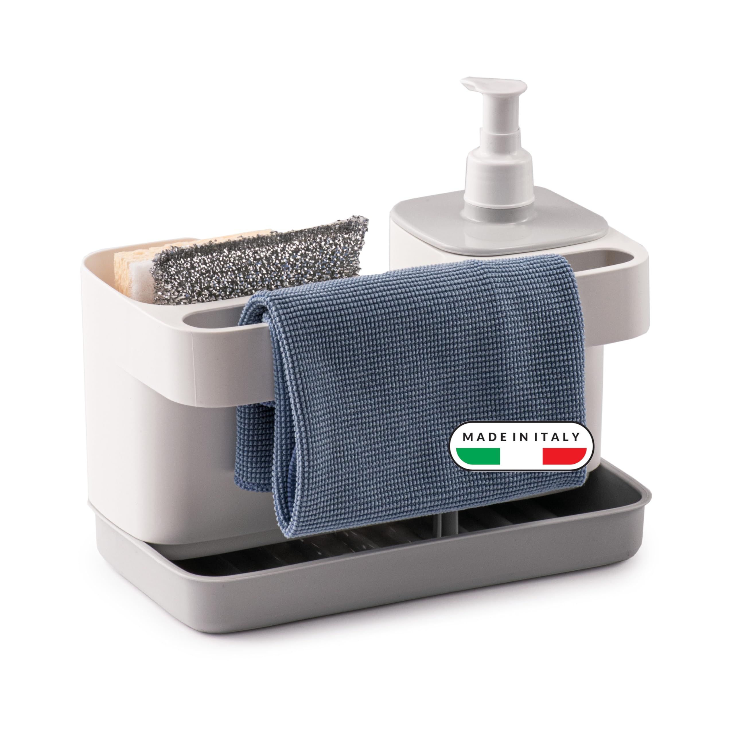 Snips Sink Organiser 3 in 1, Kitchen Sink Caddy with 400ml Soap Dispenser, Sponge Holder, Gloves & Cloth Holder, Drip Tray, 21 x 12 x 18 cm, White Grey, Made in Italy