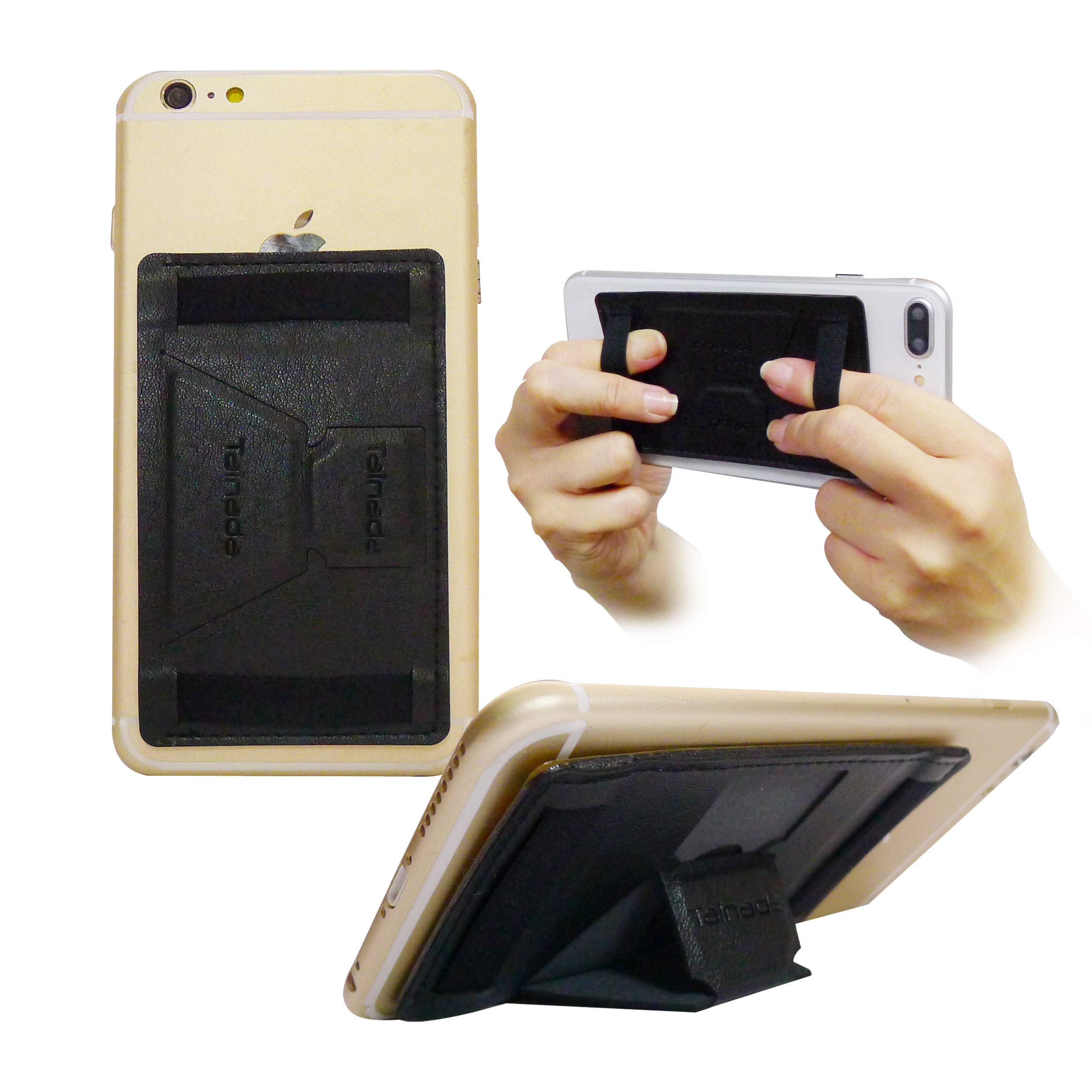 Tainada Stick On PU Leather Wallet Cash ID Credit Card Holder with Stand Function & Dual Elastic Hand Strap for Heavy Mobile Gamers Compatible with Most Smartphones + Bonus Cord Wrapper (Black)