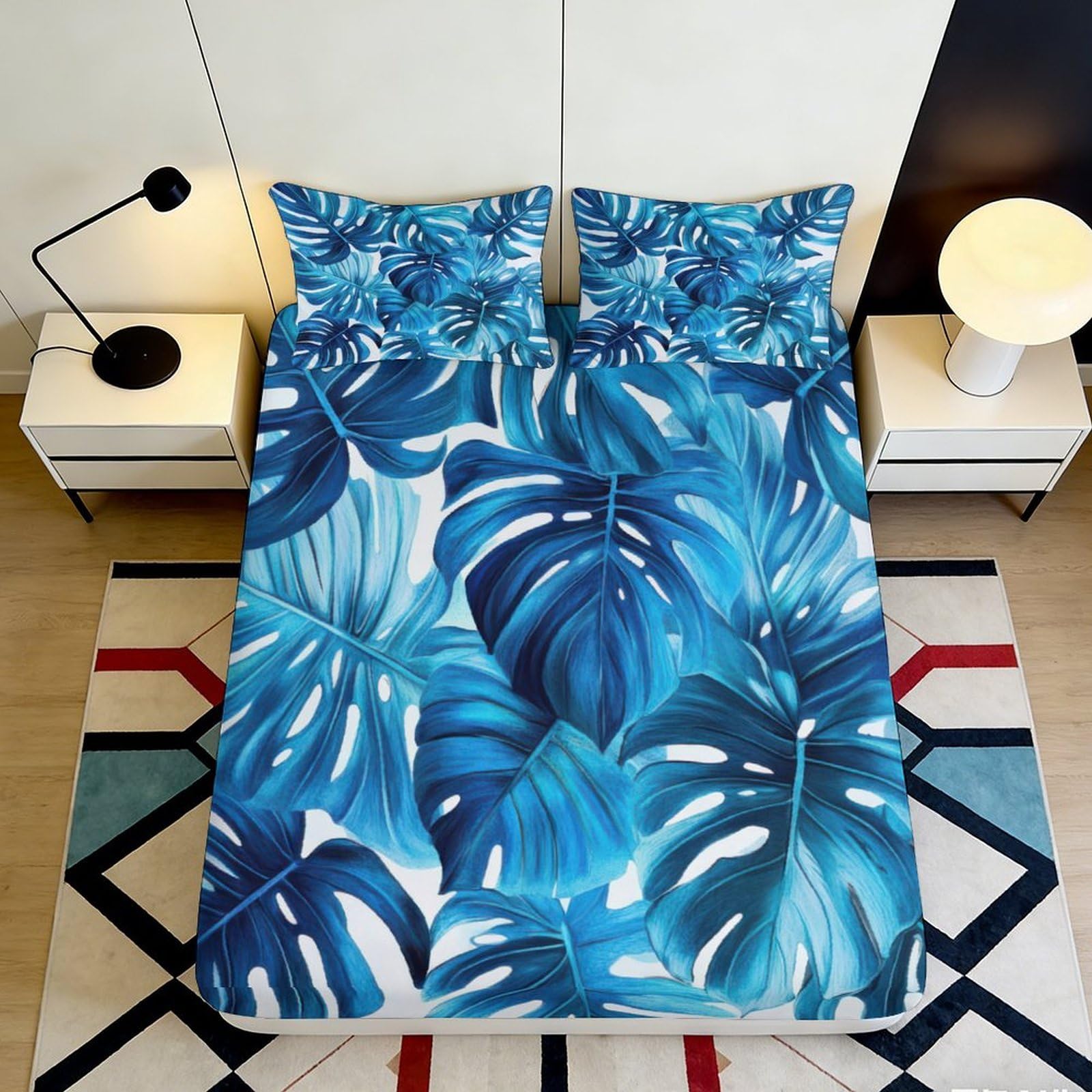3D Printed Tropical Leaf Fitted Sheet Microfiber Deep Pocket Bedroom Bedding Tropical Leaf Mattress Fitted Cover Non-Slip Elastic Hem Washable 180x200x25cm