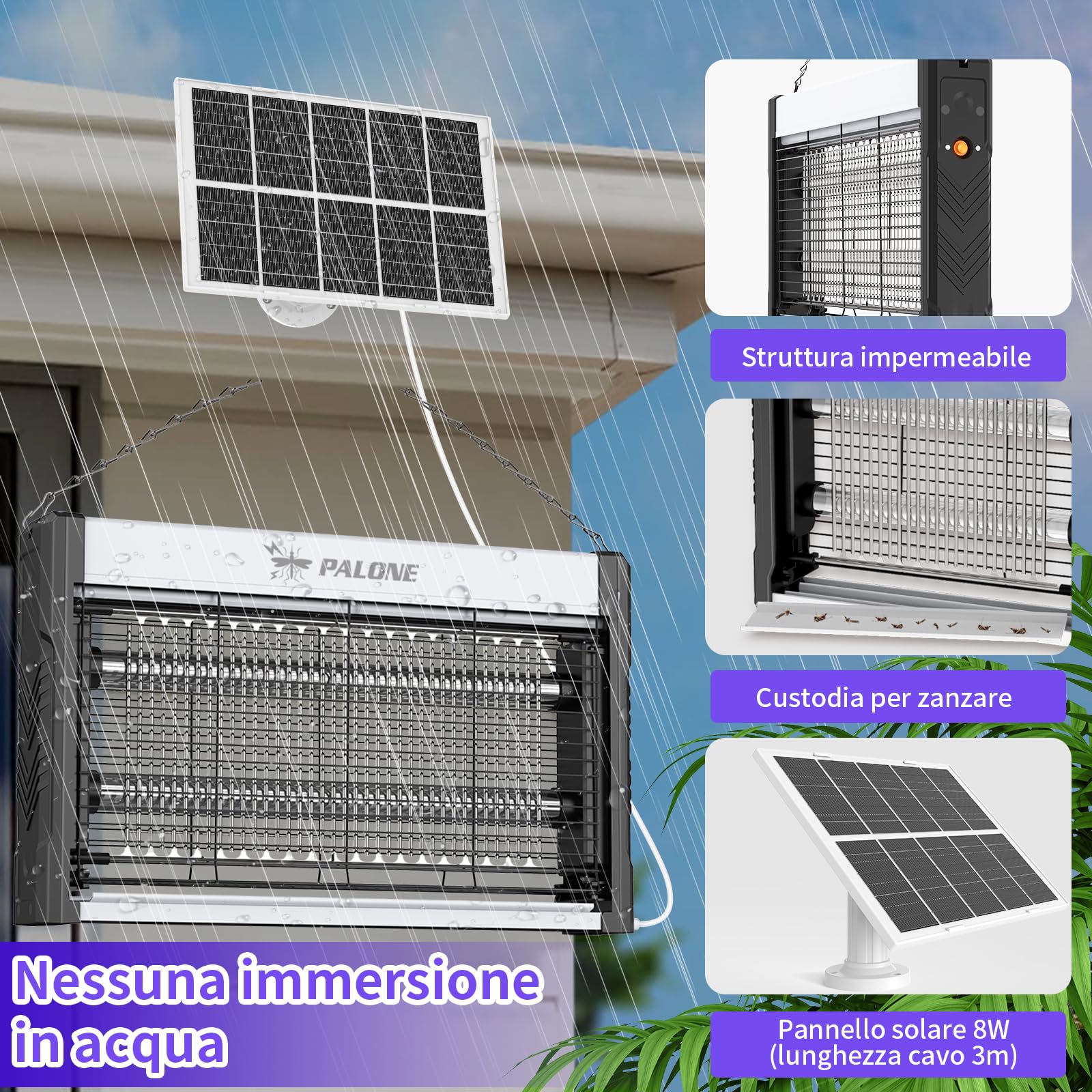 PALONE Lampada Antizanzare Elettrica con Ricarica Solare 3600mAh 4000V, Lampada Zanzare con 2 Luce UV 365-395nm, Zanzariera Elettrica Portatile per Interni ed Giardino, Attività all'aperto
