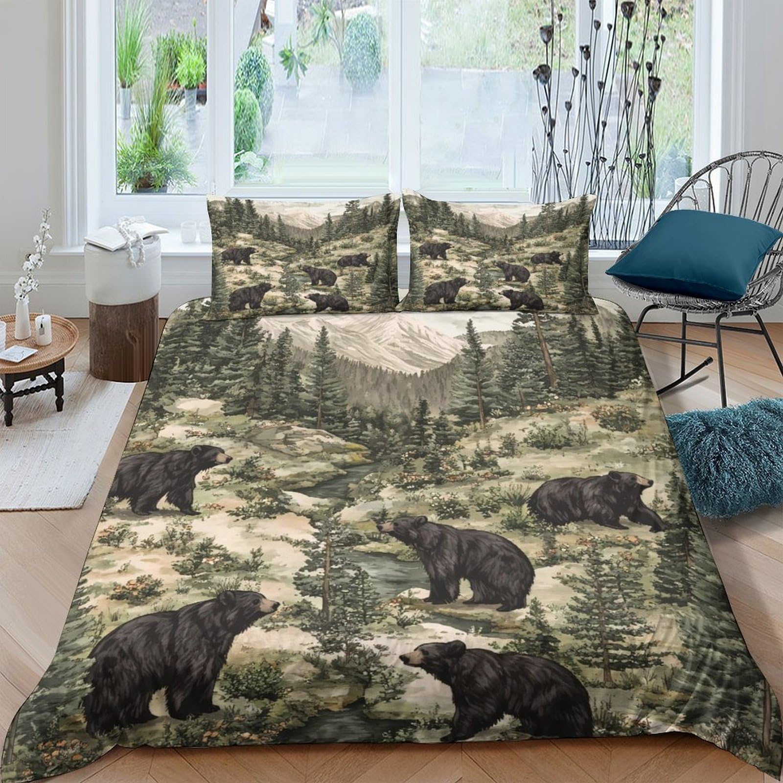 Ctjqhvkz Style-5 3D Printed Forest Bear Fitted Sheet Microfiber Soft Anti-Slip Mountain Scenery Bed Cover For Bedroom Guest Room Decor Single（135X200cm）