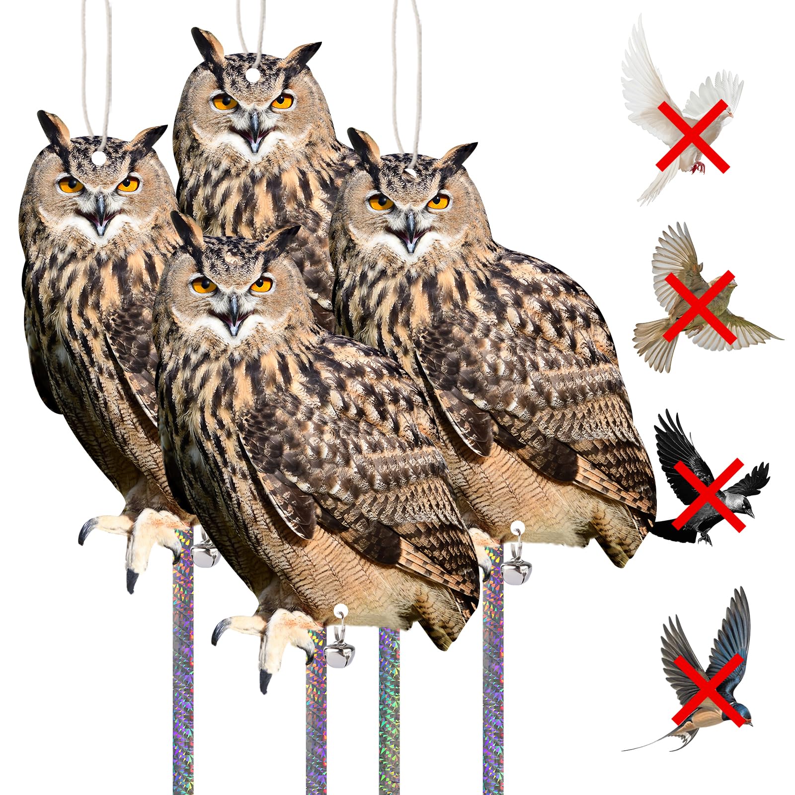 4PCS Fake Owl with Scare Tape Hanging Flat Garden Owl to Keep Pigeon Away from Balcony Plastic Owl to Scare Woodpecker Squirrel for House Outdoor Porch Patio Outsider Yard Window