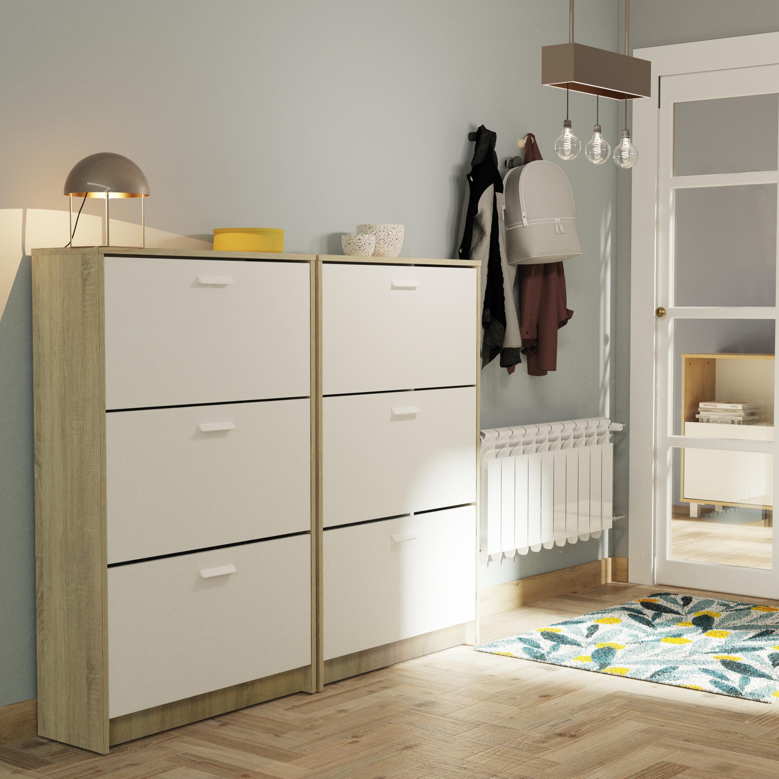 Muebles Pitarch | Scarpiera Ingresso Mobile ausiliario stretto 3 porte per ingresso Bianco e Rovere Cambrian, 18 paia di scarpe, 82x74x25cm, Collezione Tibet