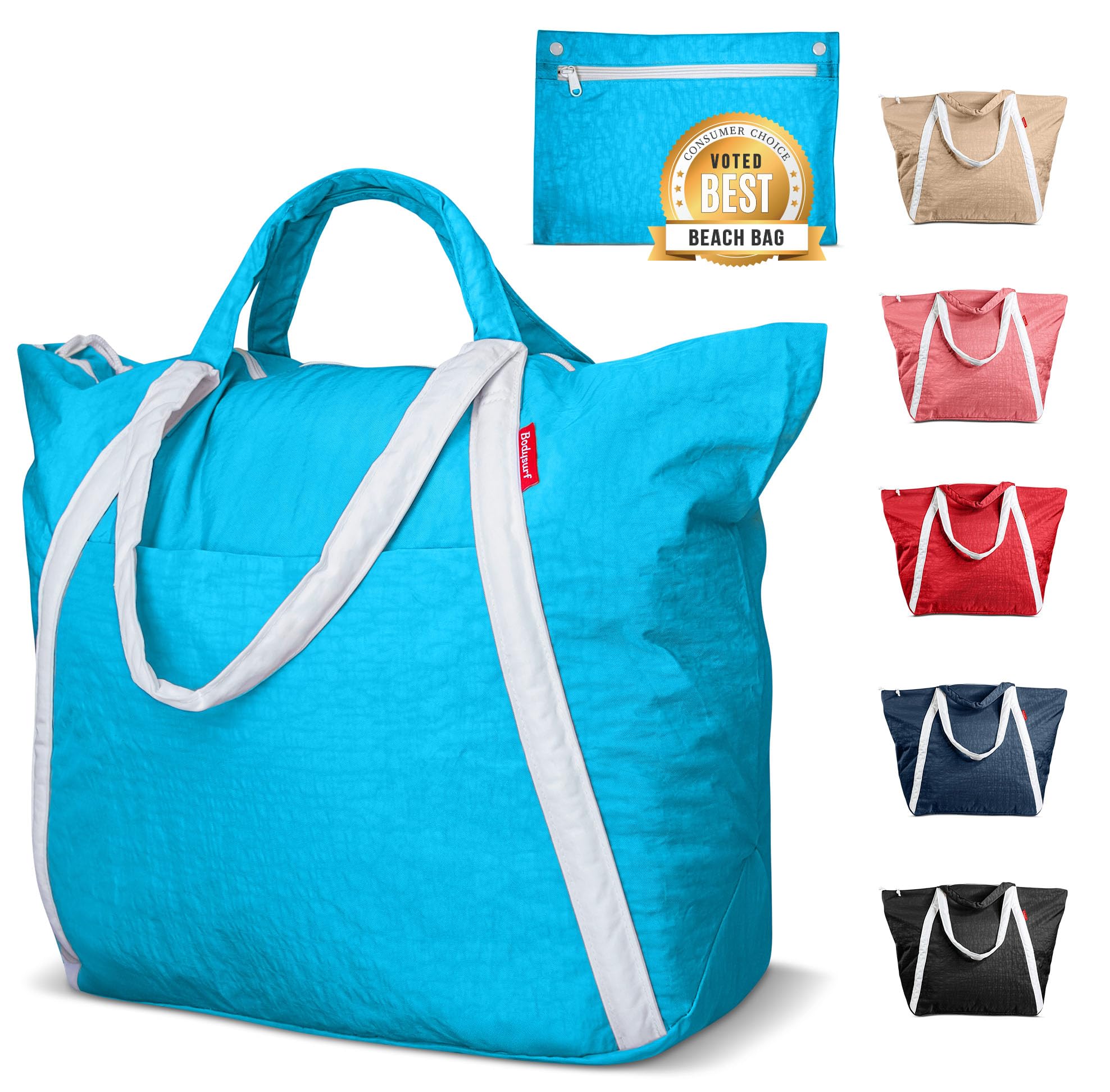 Bodysurf Beach Bags Waterproof Sandproof - Packable Foldable Nylon Zipper Tote Bag for Travel Lightweight, Pool, Boat, Cruise