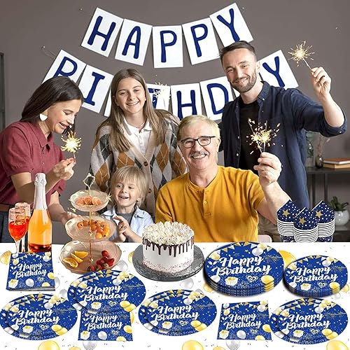 Miniatura 2 de Juego de 49 piezas de vajilla azul marino para fiesta de cumpleaños, suministros de fiesta de cumpleaños azul marino, servilletas, mantel de