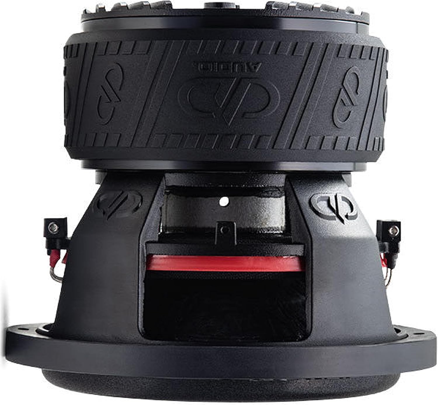 A baix view of the DD Audio 608F-D2 subwoofer showing the magnet and rubber boot