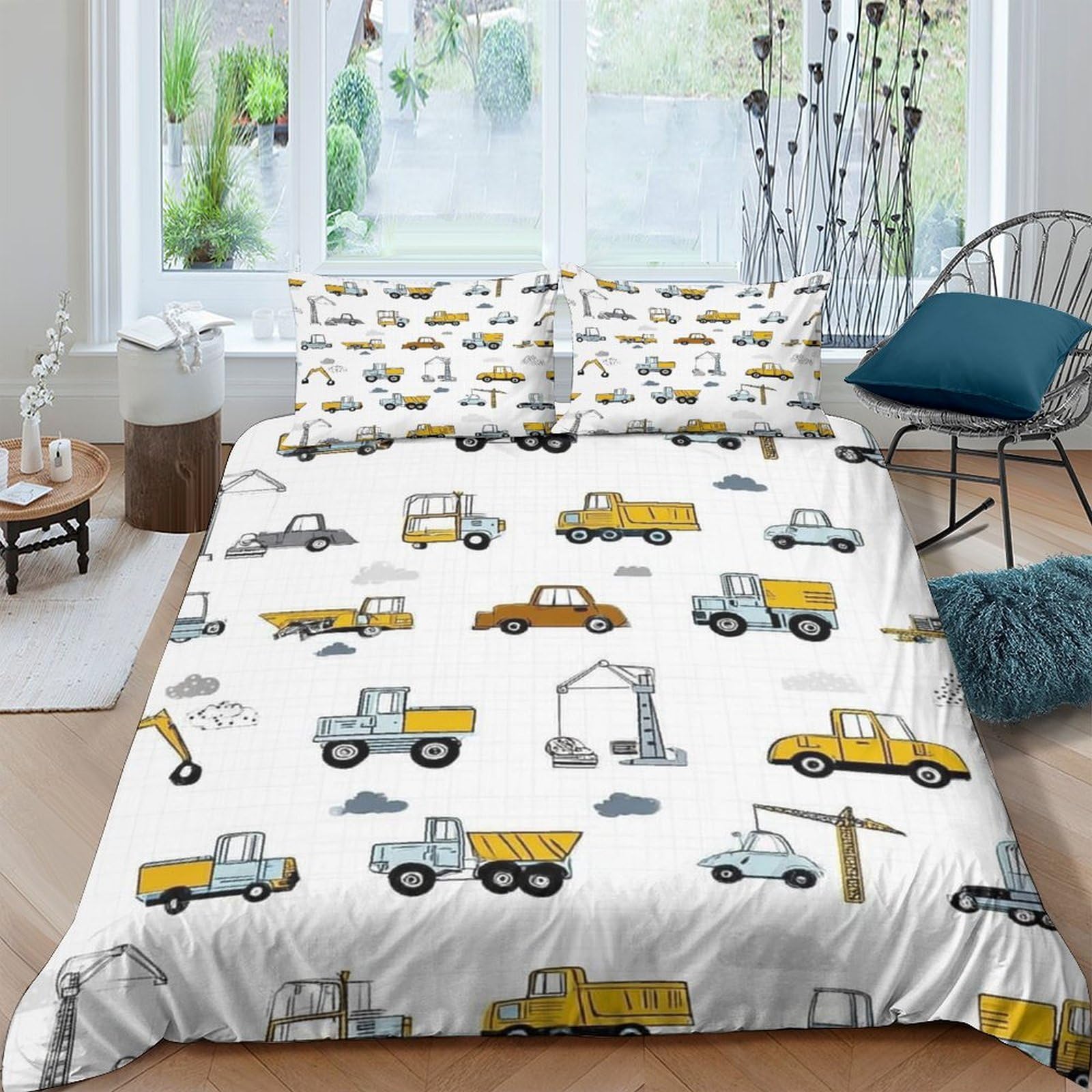 Ctjqhvkz Style-9 3D Printed Construction Vehicles Fitted Sheet Microfiber Soft Yellow Truck Bed Cover For Bedroom Guest Room Decor Single（135X200cm）