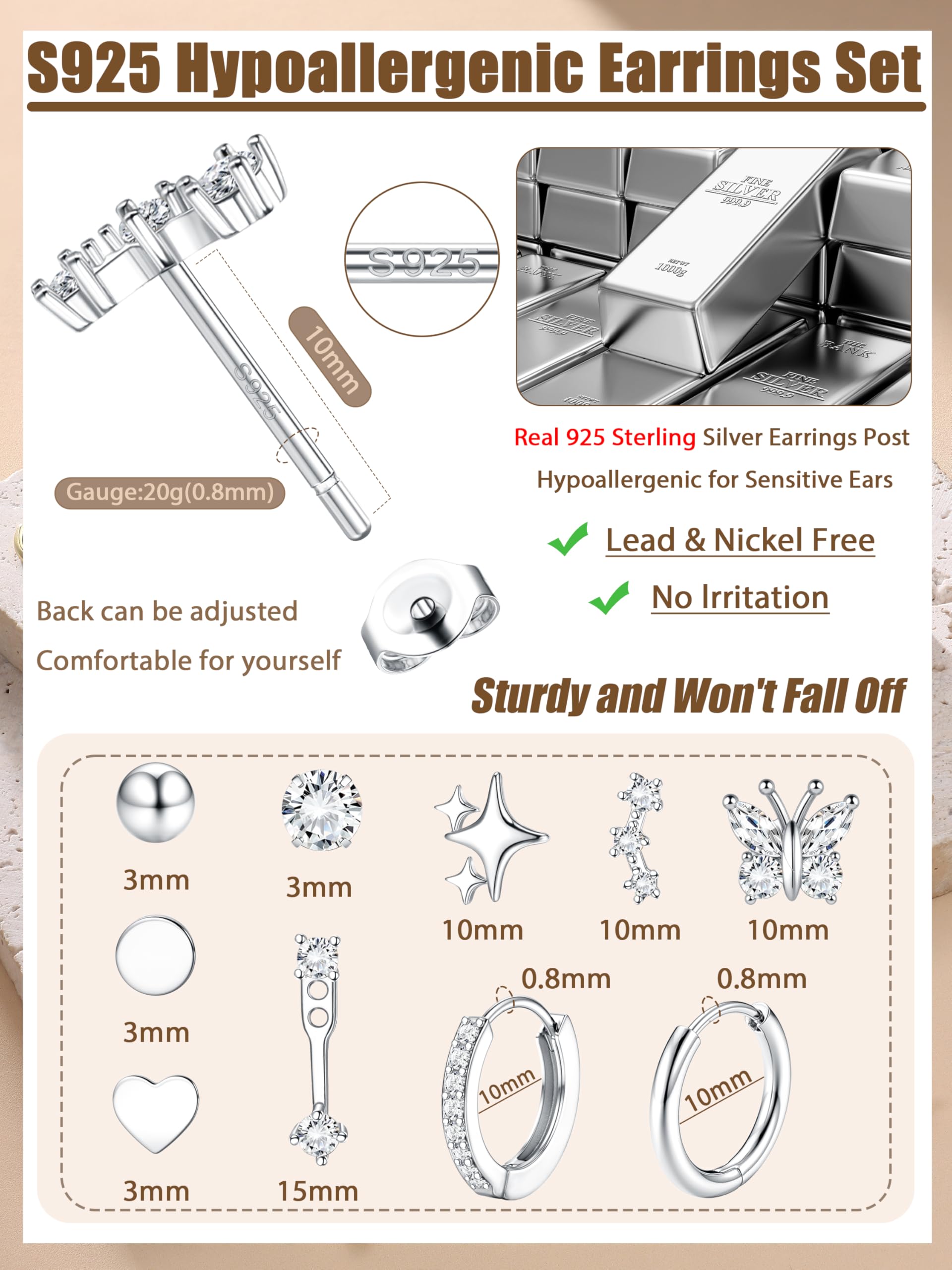 Aretes de plata de ley para mujer, hipoalergénicos para múltiples piercings, delicados aretes chapados en oro de 14 quilates, juego de aretes pequeños de plata, Plata de ley, No es una piedra 3
