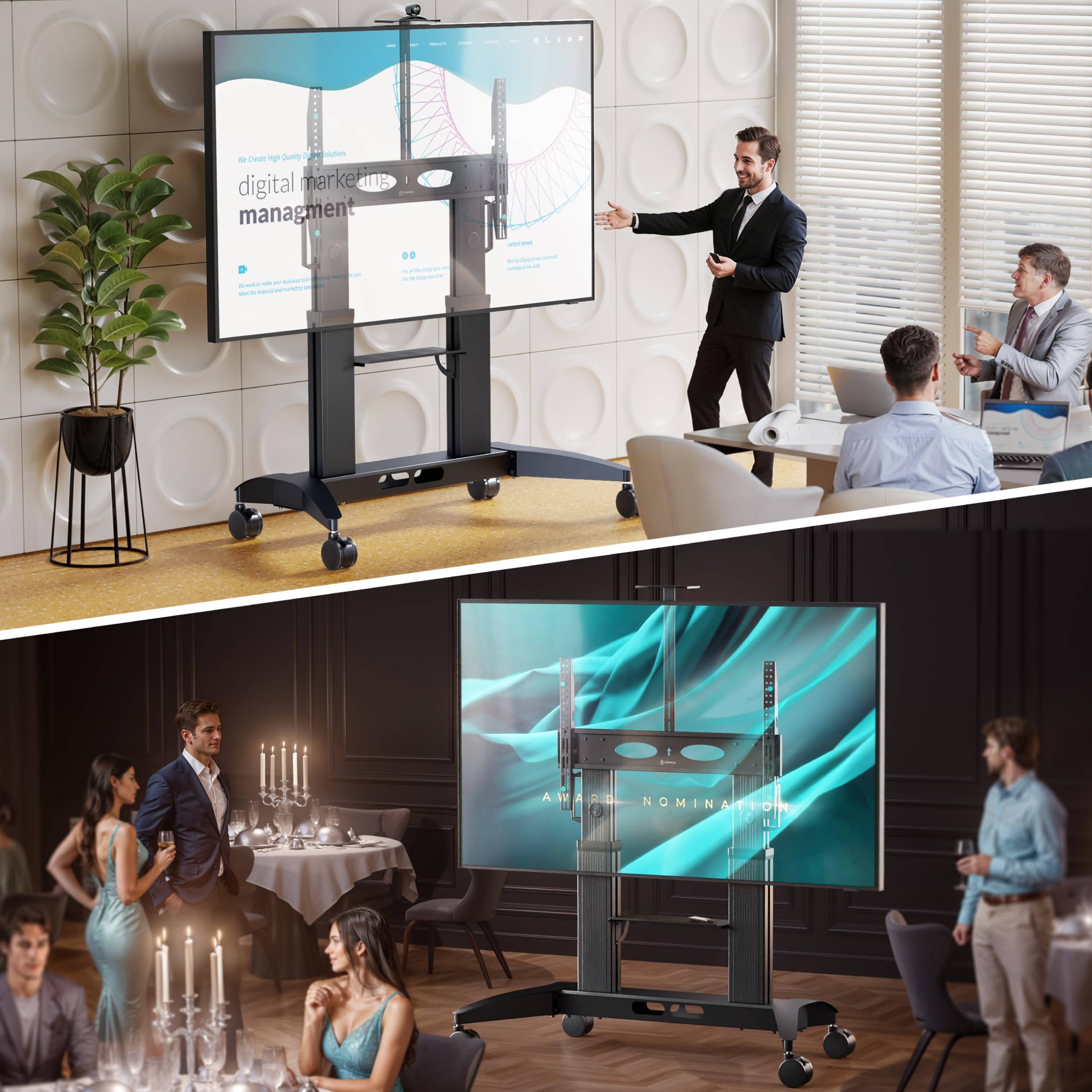 ONKRON TV Ständer rollbar 70-110", bis 130 kg, max VESA 1000x600, TS2821-B | TV Wagen höhenverstellbar 1315-1765 mm, Aluminium-Säulen, breite Basis, Kabelmanagement, Rollen; für Bildung, Büro & Events