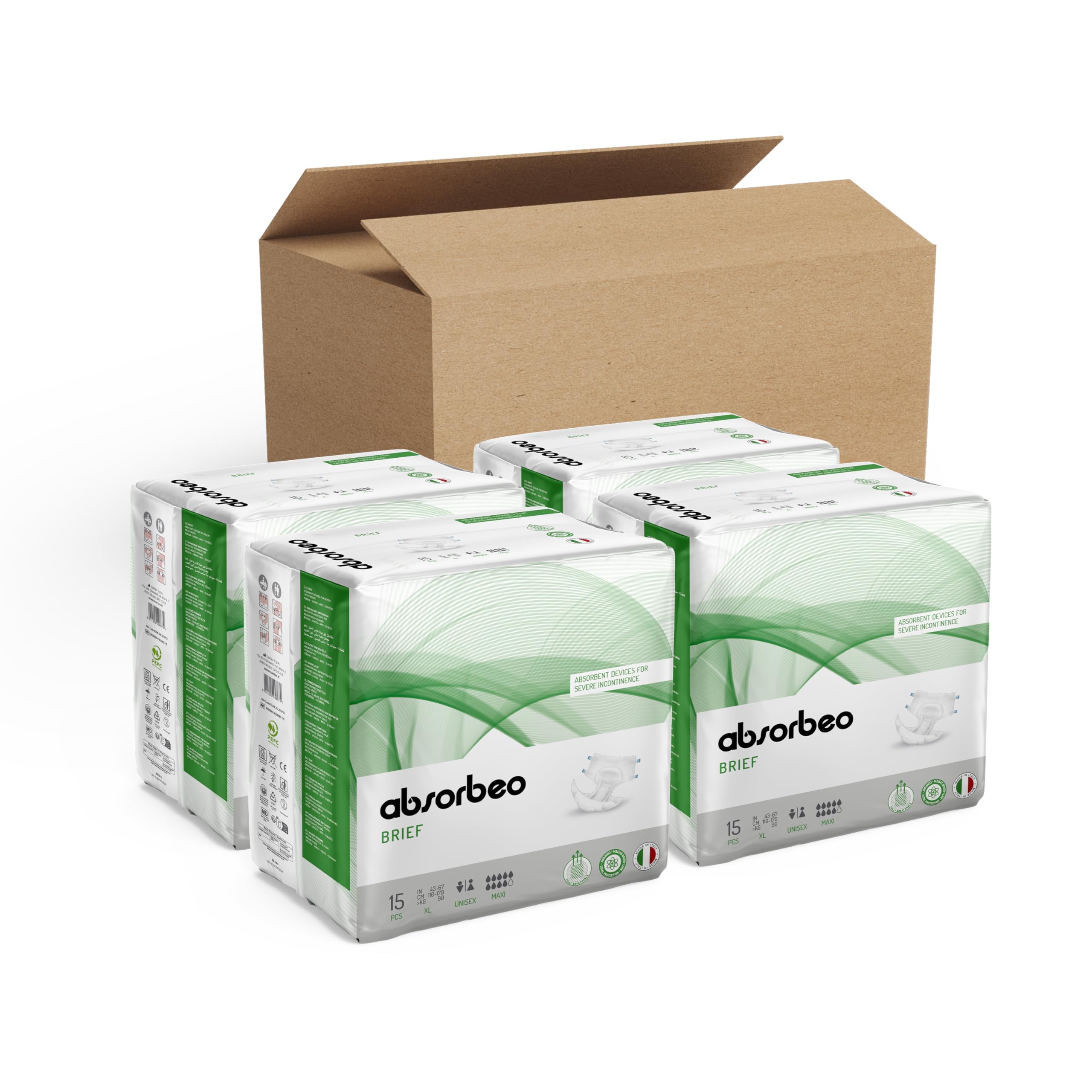 Absorbeo Pannolone Mutandina Maxi, Dispositivi Assorbenti per Incontinenza Grave, Comfort Assoluto, Protezione Totale, Sistema Antiodore, Traspiranti, Unisex, Taglia XL, 4 Confezioni da 15 (60 totali)
