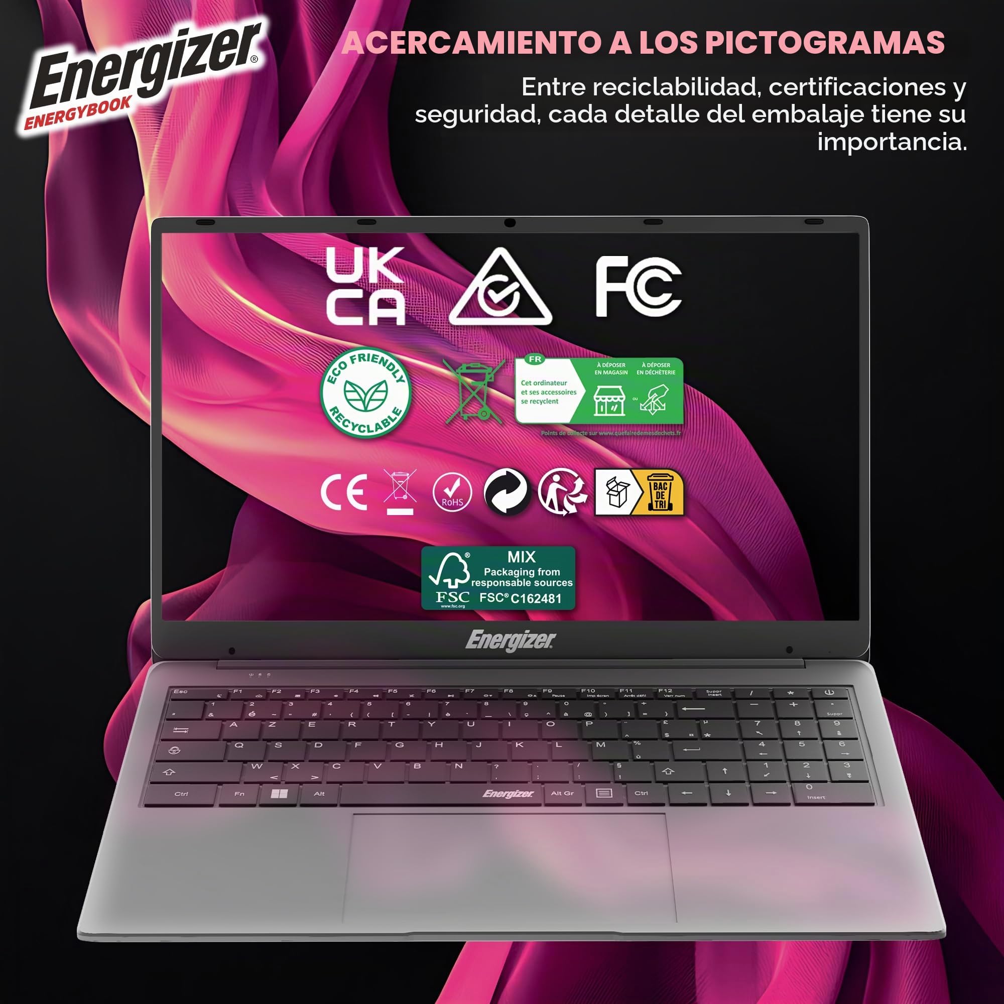 Energizer EnergyBook - Ordenador portátil de 15,6 pulgadas HD+ 8 GB RAM, SSD 256 GB, PC portátil Intel Celeron, UHD Graphics, Windows 11, Laptop Gris, Teclado AZERTY (francés), USB3.0, HDMI