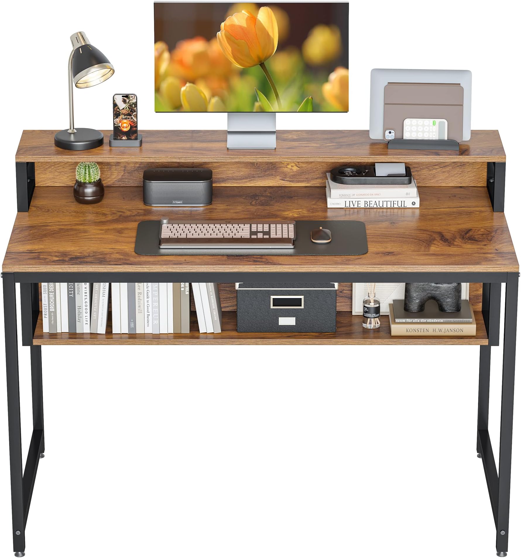 Cubiker Computer Home Office Desk, 47" Small Desk Table with Storage Shelf and Bookshelf, Study Writing Table Modern Simple Style Space Saving Design, Dark Rustic