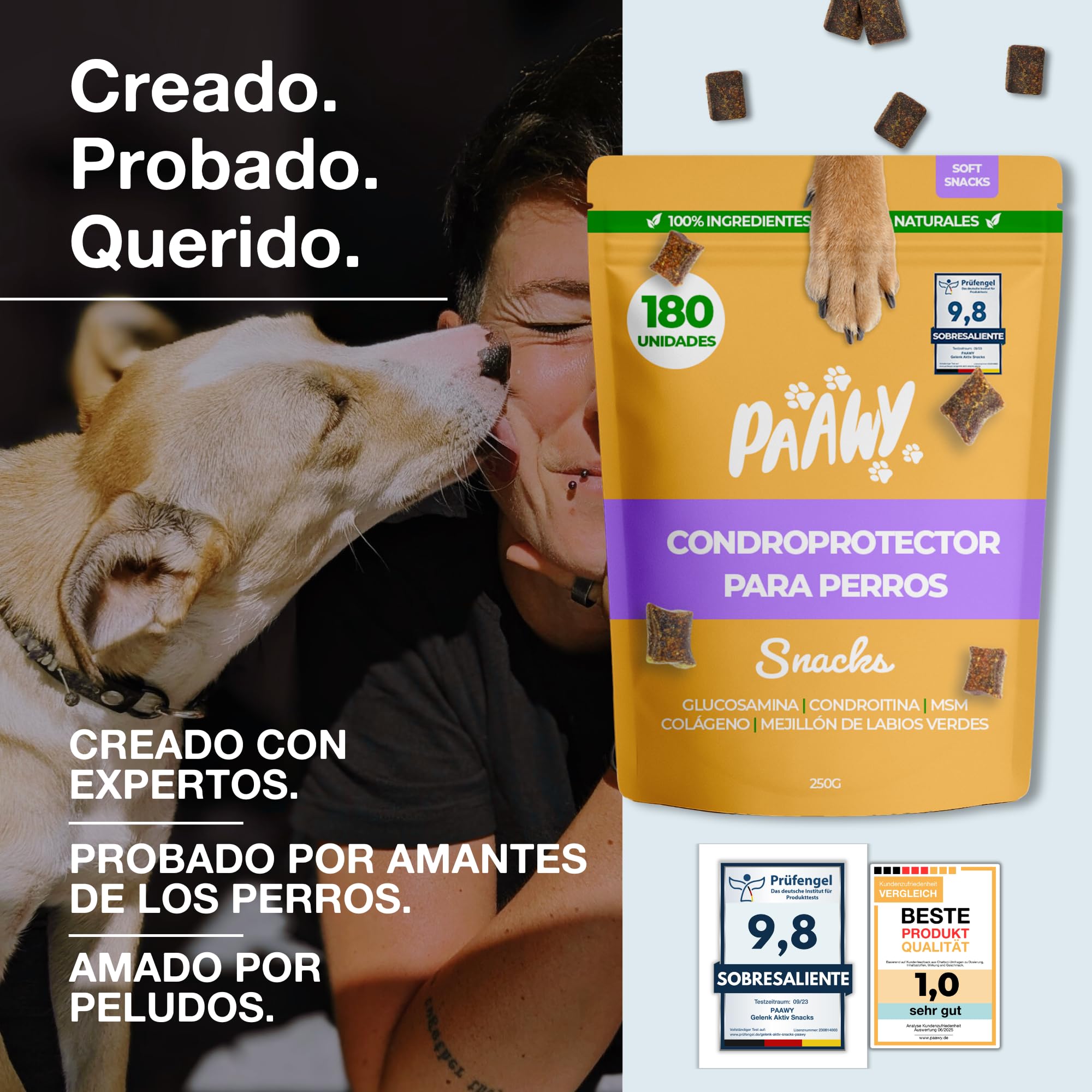 Condroprotector Perros de Paawy | MEJOR EN LA PRUEBA | 180 Snacks con Glucosamina, Condroitina, MSM y Colágeno – Antiinflamatorio Natural para Articulaciones y Artrosis – para Razas pequeñas y Grandes