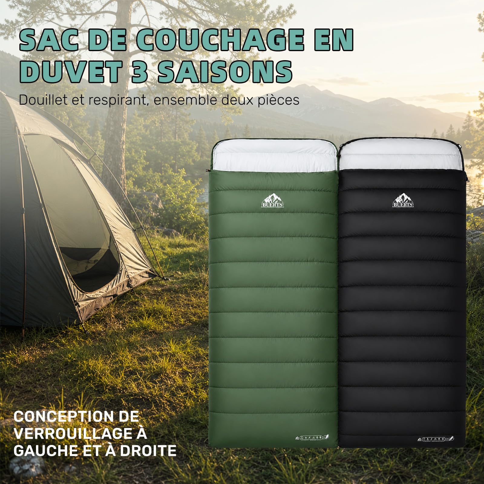 Sac de Couchage Duvet Adulte Ultraléger 3 Saisons, 500g de Remplissage, Taille Large 220x85cm, Super Compact, pour Randonnée, Camping, Alpinisme