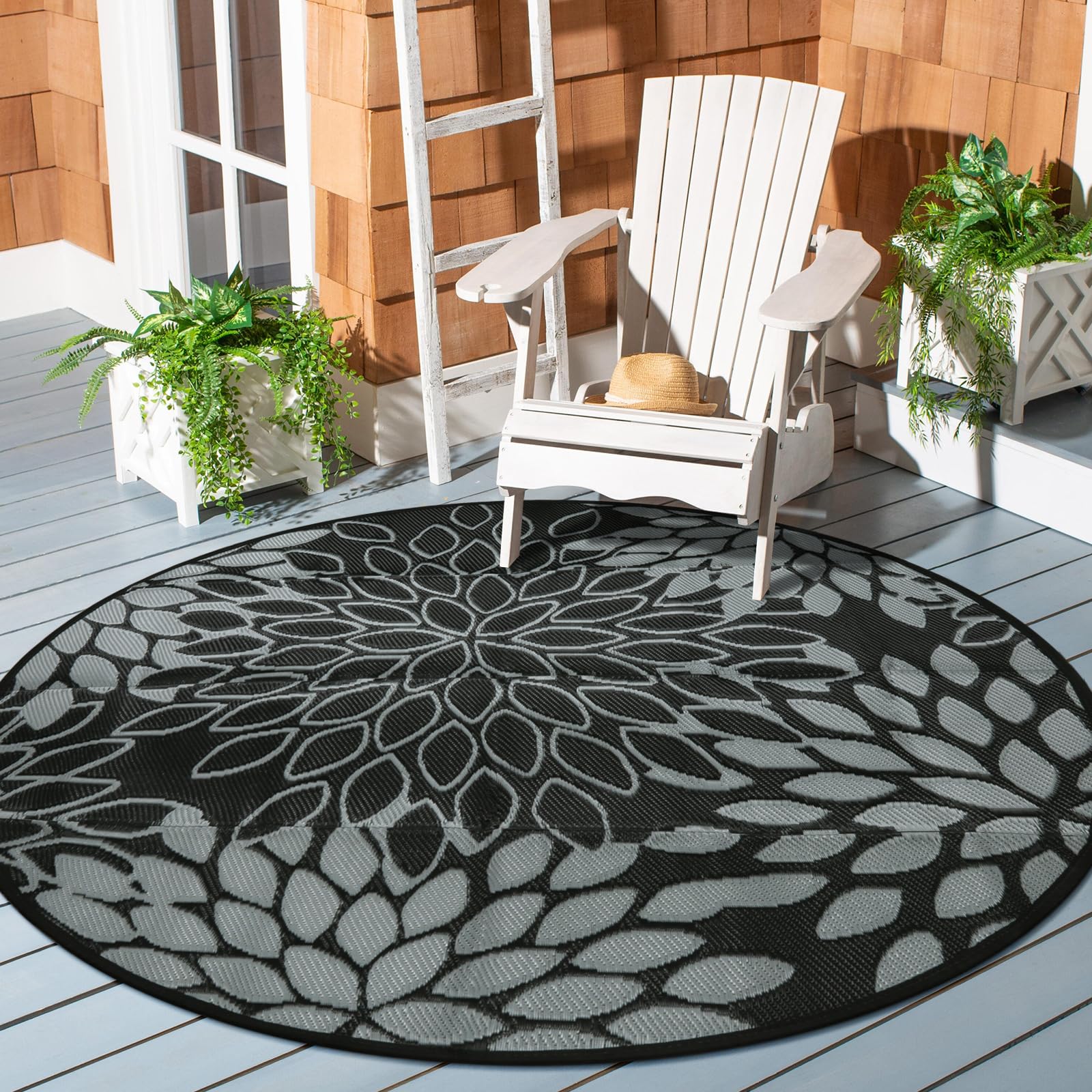 Wonnitar Round 6 ft Outdoor Rug,Waterproof Plastic Straw Rug,Tropical Large Circle Patio Floor Mat,Indoor Outdoor Portable Patio Clearance Carpet for Deck Beach Picnic Backyard,Black/Grey