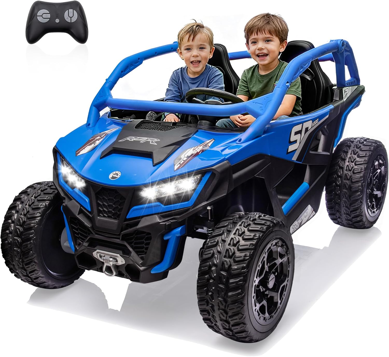 wanan XL 24V 10AH Ride on Toys for Big Kids Real 2-Seater, 4x4 4WD Motor Ride on Car Kid UTV for Kids 3-8, Remote Control, Bluetooth Music, 4 Spring Suspension, 22" Spacious Seats (Blue)