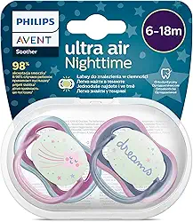 Chupeta Philips Avent Ultra Air Noturno Dupla, Design Ortodôntico, Para Bebês de 6 a 18 Meses, sem BPA, com Caixa Esterilizadora, Pacote com 2, Decorada, SCF376/14