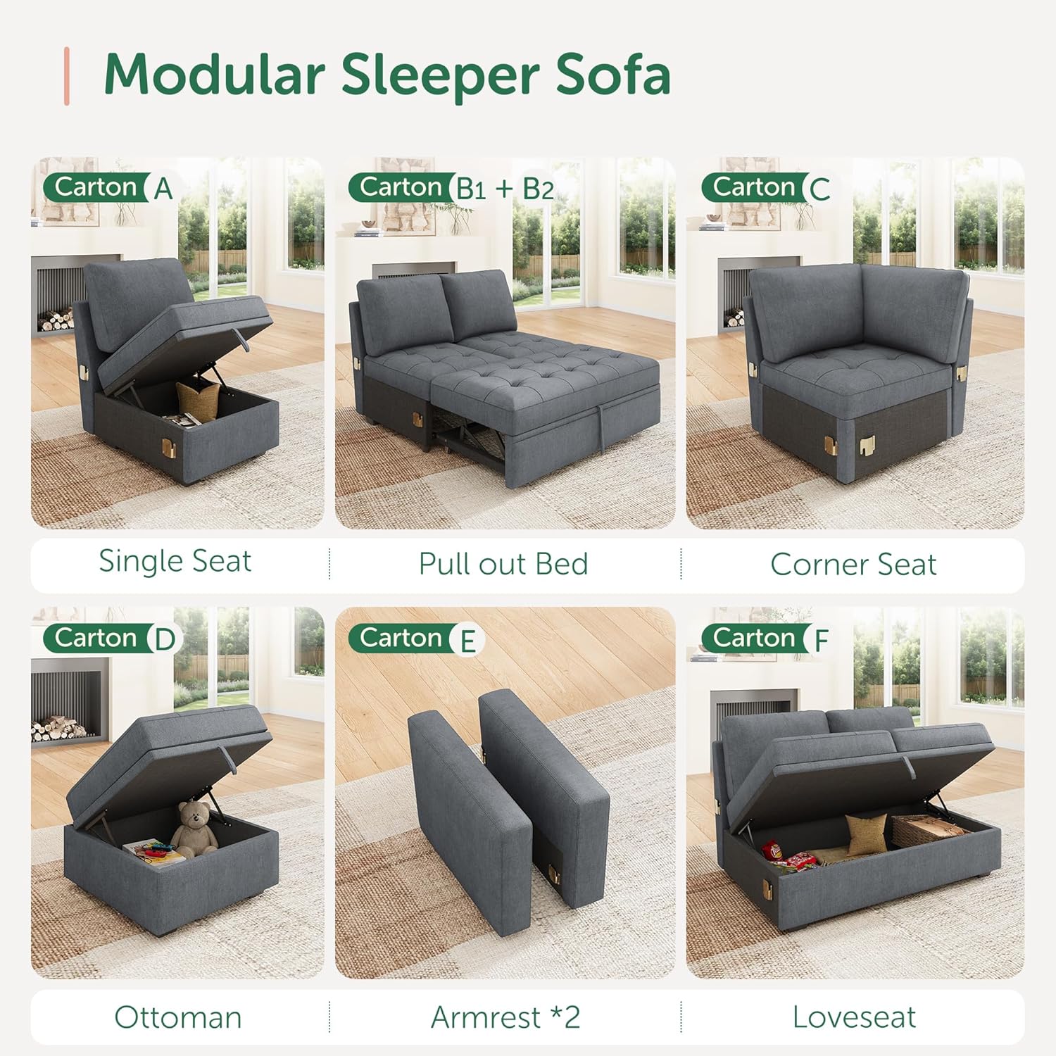 HONBAY Modular Sectional Sleeper Sofa with Pull Out Bed, Ottoman for Sectional Couch,Bluish Grey