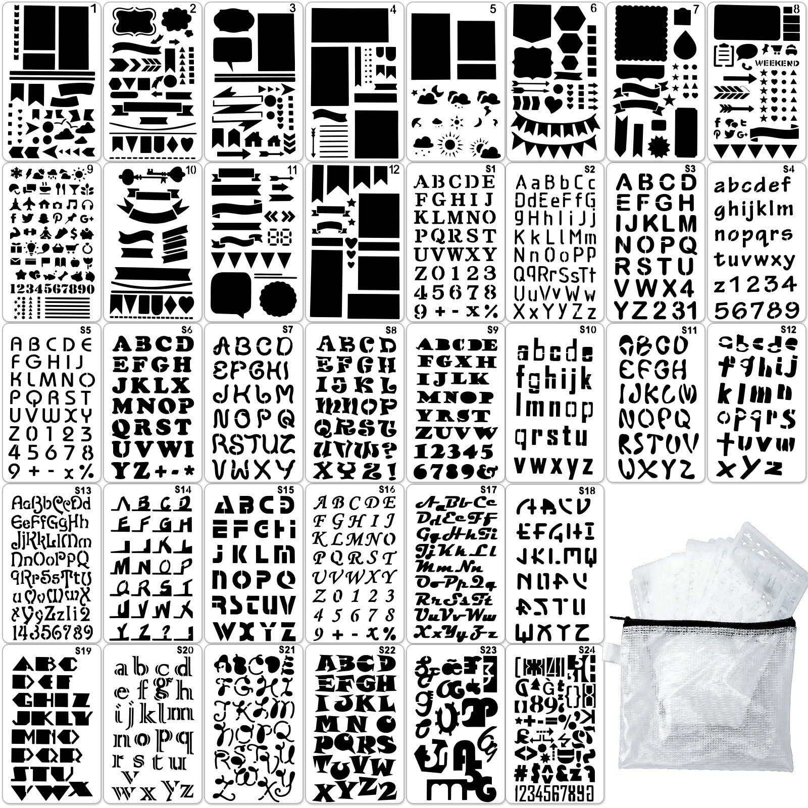Augshy 36PCS Journal Stencils Set for Dotted Journals, 4x7 Inch Planner Letter Stencils for Bullet Journaling and Notebook, Diary, Crafts, Scrapbook,