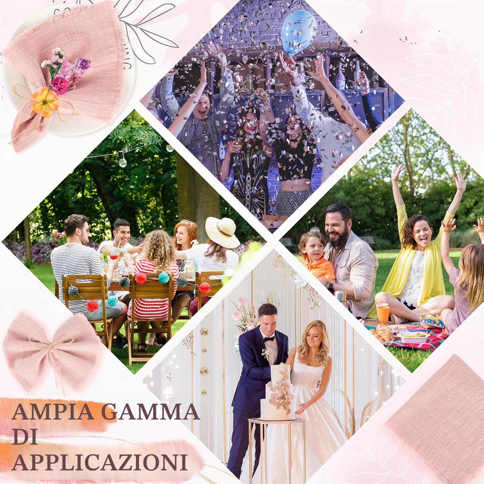 12 Tovaglioli da tavola in tessuto, 42 x 42 cm, tovagliolo da matrimonio con frangetta, tovagliolo personalizzato rustico con 10 m spago per matrimoni, compleanni e decorazioni da tavola (rosa)