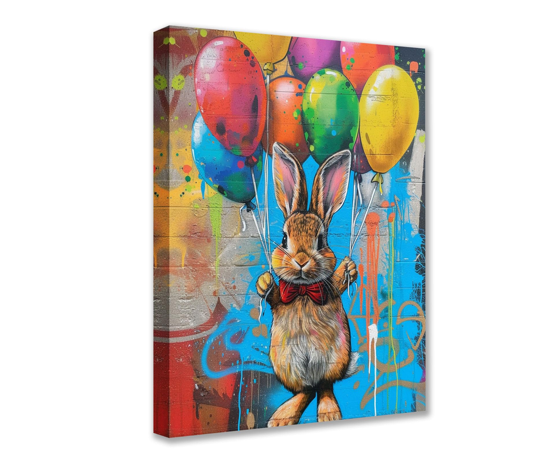 The Bunny Holding Colorful Balloons Posters Prints 1P Animal Graffiti Canvas Wall Art Modern Pictures Artwork for Living Room Bathroom Home Decor Framed Gallery-Wrapped Ready to Hang