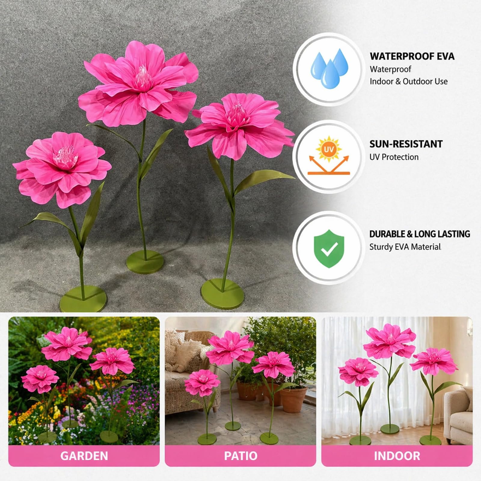 3 Stück Große Künstliche Blumen Weatherproof Riesige Künstliche Blumen Mit Ständer Für Hochzeit, Geburtstag, Party, Garten, Büro, Zuhause, Schaufenster Pink Red,One Size