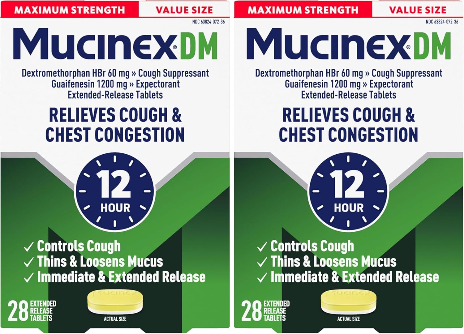 Mucinex DM Maximum Strength Cough Suppressant & Expectorant Tablets, 28ct - 1200mg Guaifenesin (Pack of 2)