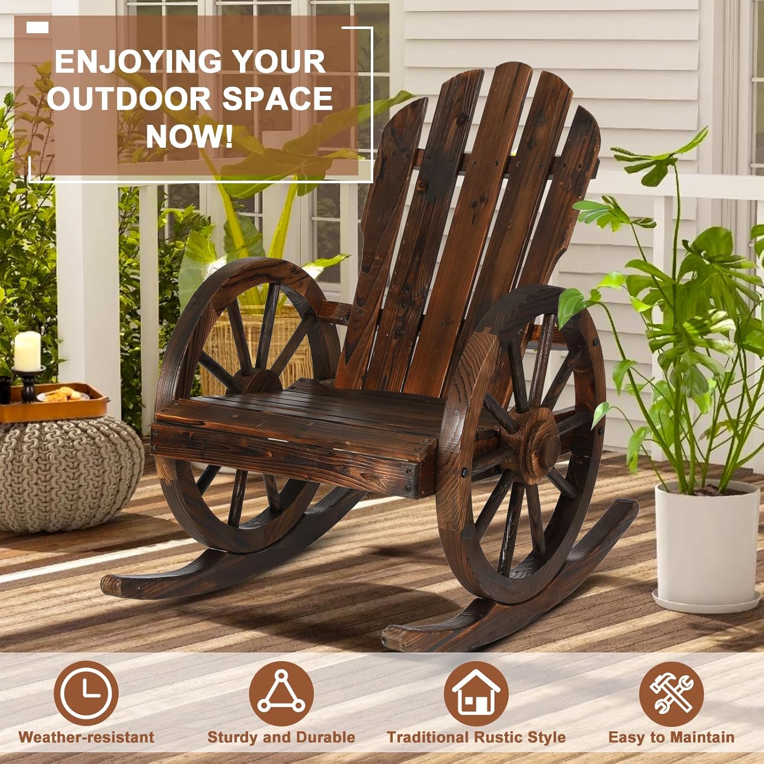 HOMEDIARY Outdoor Wood Wagon Rocking Chair, Adirondack Rocker Chair w/Slatted Design and Oversized Back, Carbonized Patio Lounge Chairs Rustic Rocker with Wheel Armrest for Garden Patio Backyard Porch