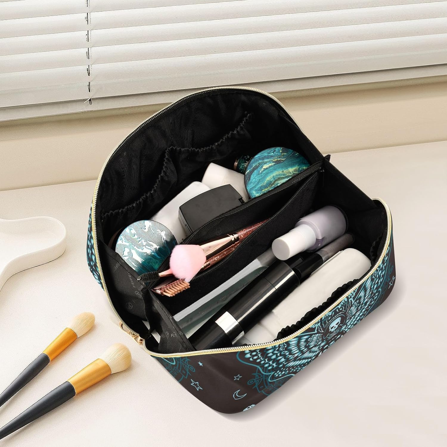 Makeup Organizer Bag, Gothic Skull Butterfly Travel Makeup Bags Makeup Vanity Case Large Capacity Rhombus Cosmetic Toiletry Bag for Girl Women Ladies - Image 2