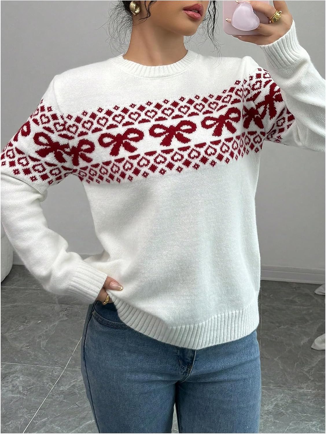 Milumia Women's Heart Bow Print Knitted Sweater Long Sleeve Crewneck Casual Pullover Tops - Image 4