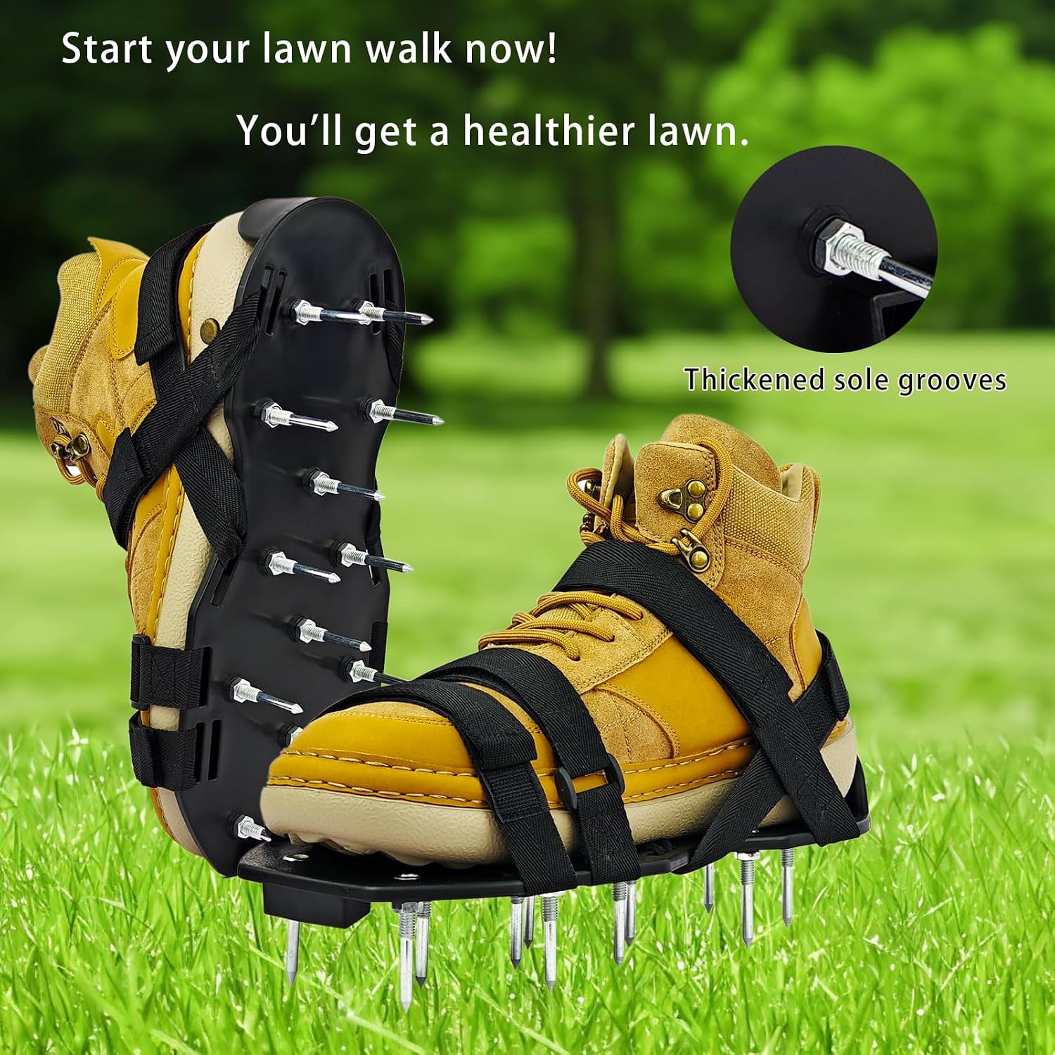 Lawn Aerator Shoes, Aerator Lawn Tool One Size Fits All for Yard Patio Lawn and Garden, Newly Upgraded X-Shaped 8-Strand Straps, Steel Spikes for Soil Aeration
