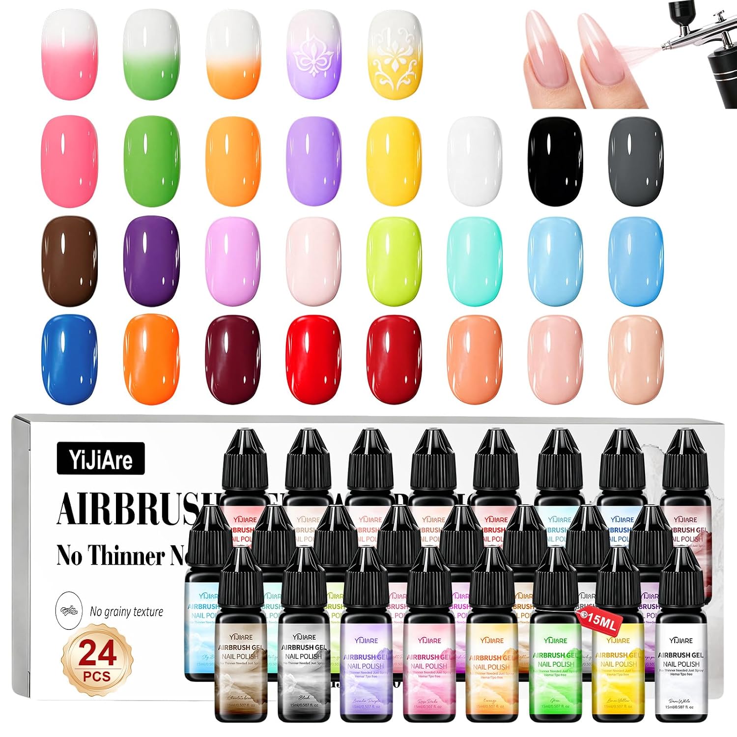 Airbrush Gel Nail Polish Set 24 Colors (15ml Each), No Dilution High Pigment， Airbrush Paint for Nails Ultra Fine Mist for Gradient Ombre Layered Nail Art Designs Professional Home Salon Use